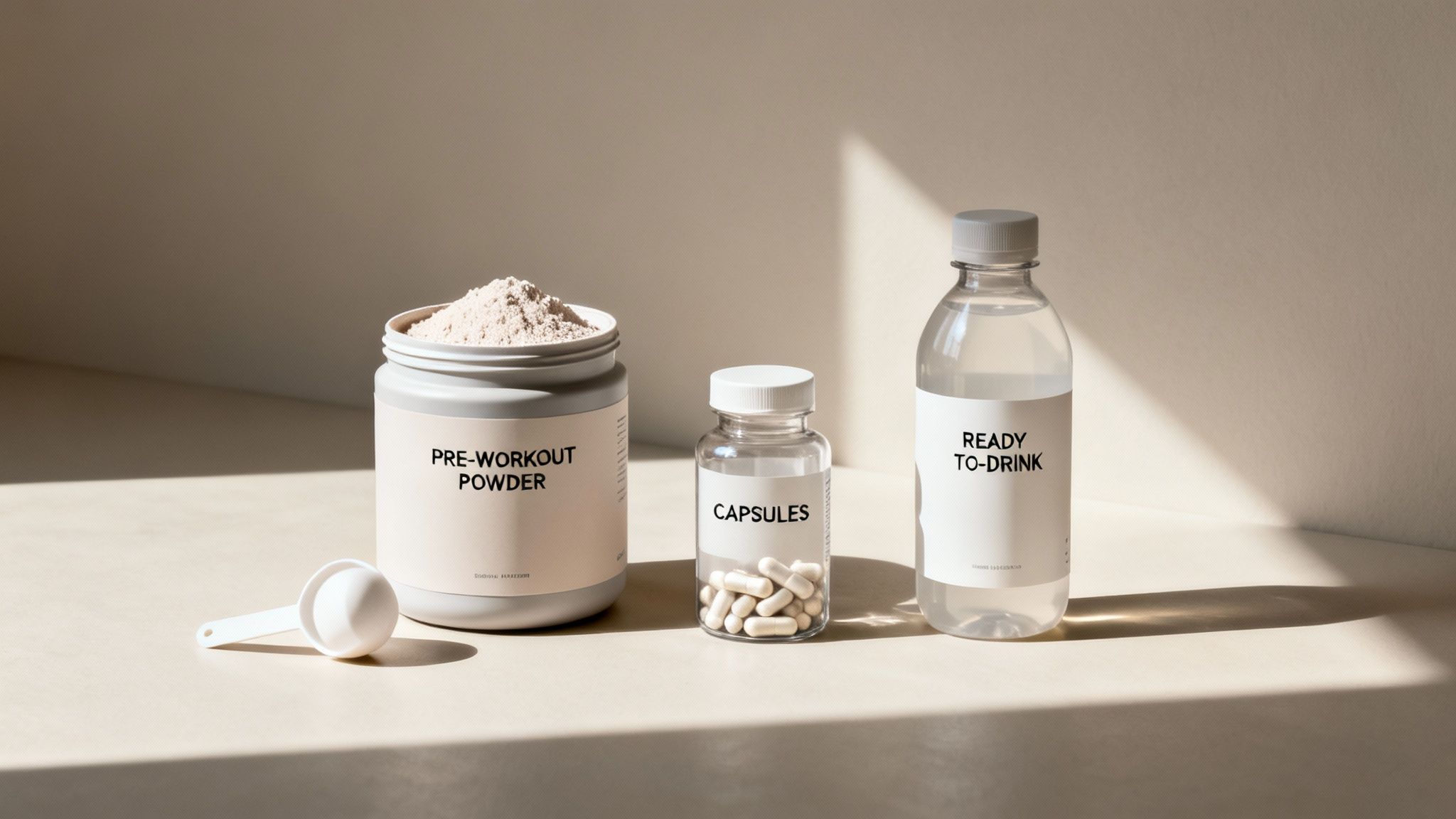 Three fitness supplements: pre-workout powder, capsules, and a ready-to-drink bottle with a scoop on a clean surface.