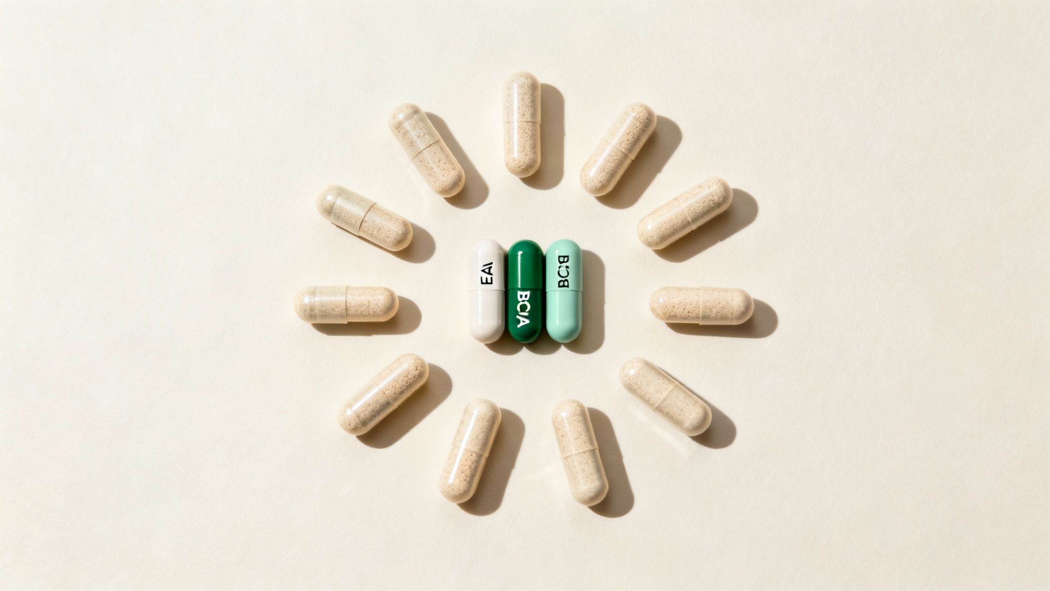 A top-down view of various amino acid supplement capsules arranged on a light background.