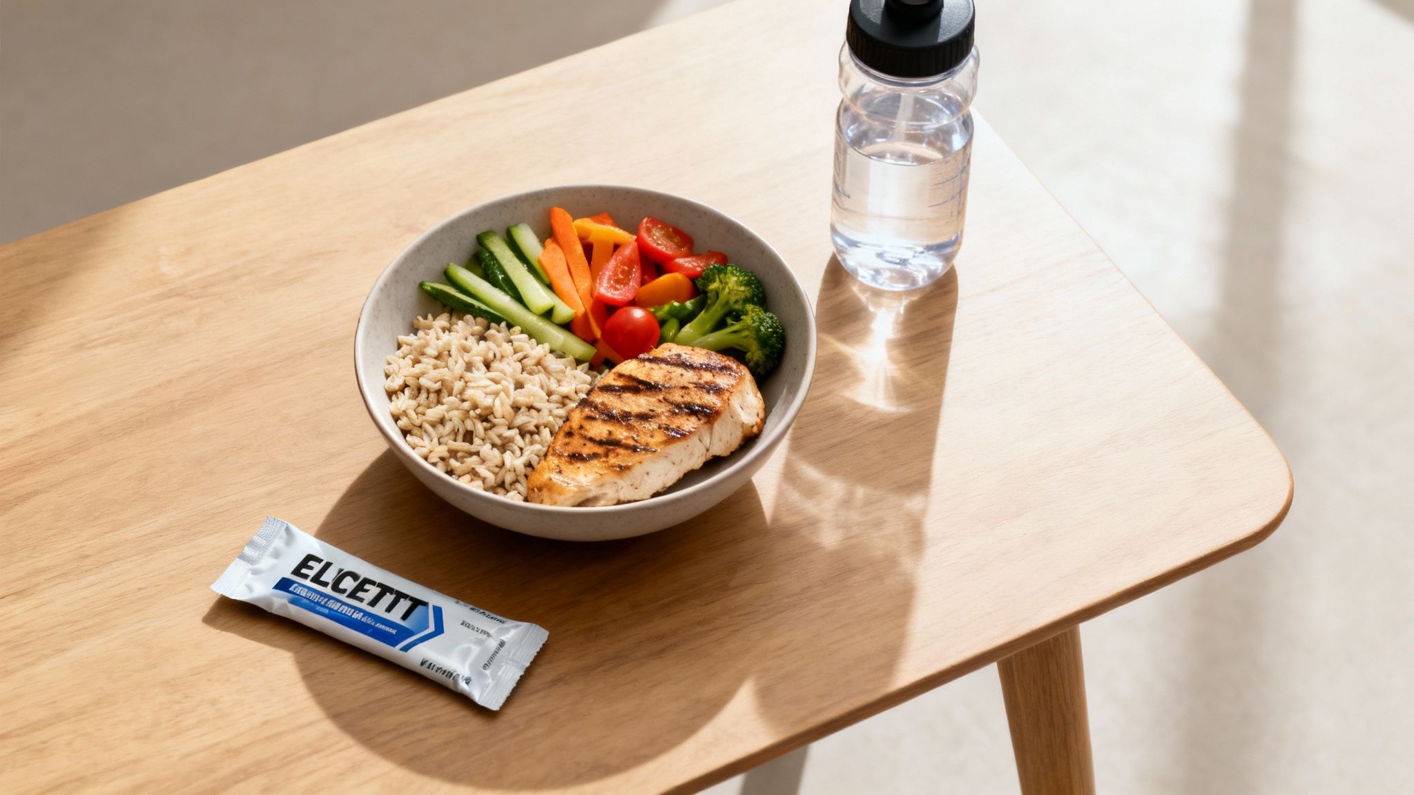 A healthy meal with grilled chicken, brown rice, vegetables, water bottle, and supplement on a wooden table.