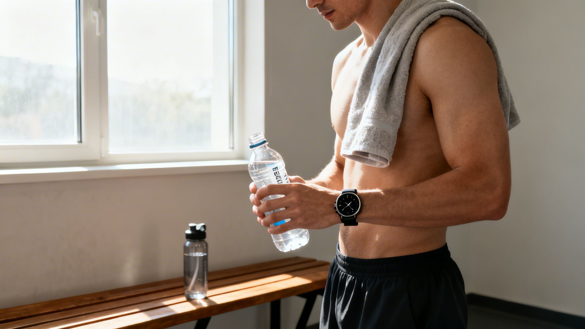 A fit man with a towel over his shoulder holds a water bottle in a gym.