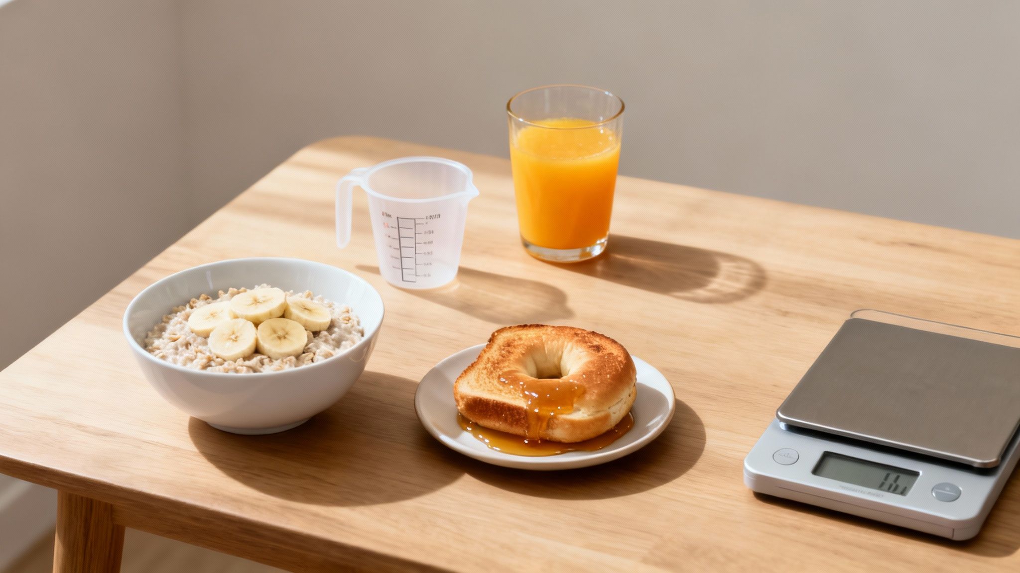 A healthy breakfast with oatmeal, banana, toasted bagel with syrup, orange juice, and a kitchen scale.