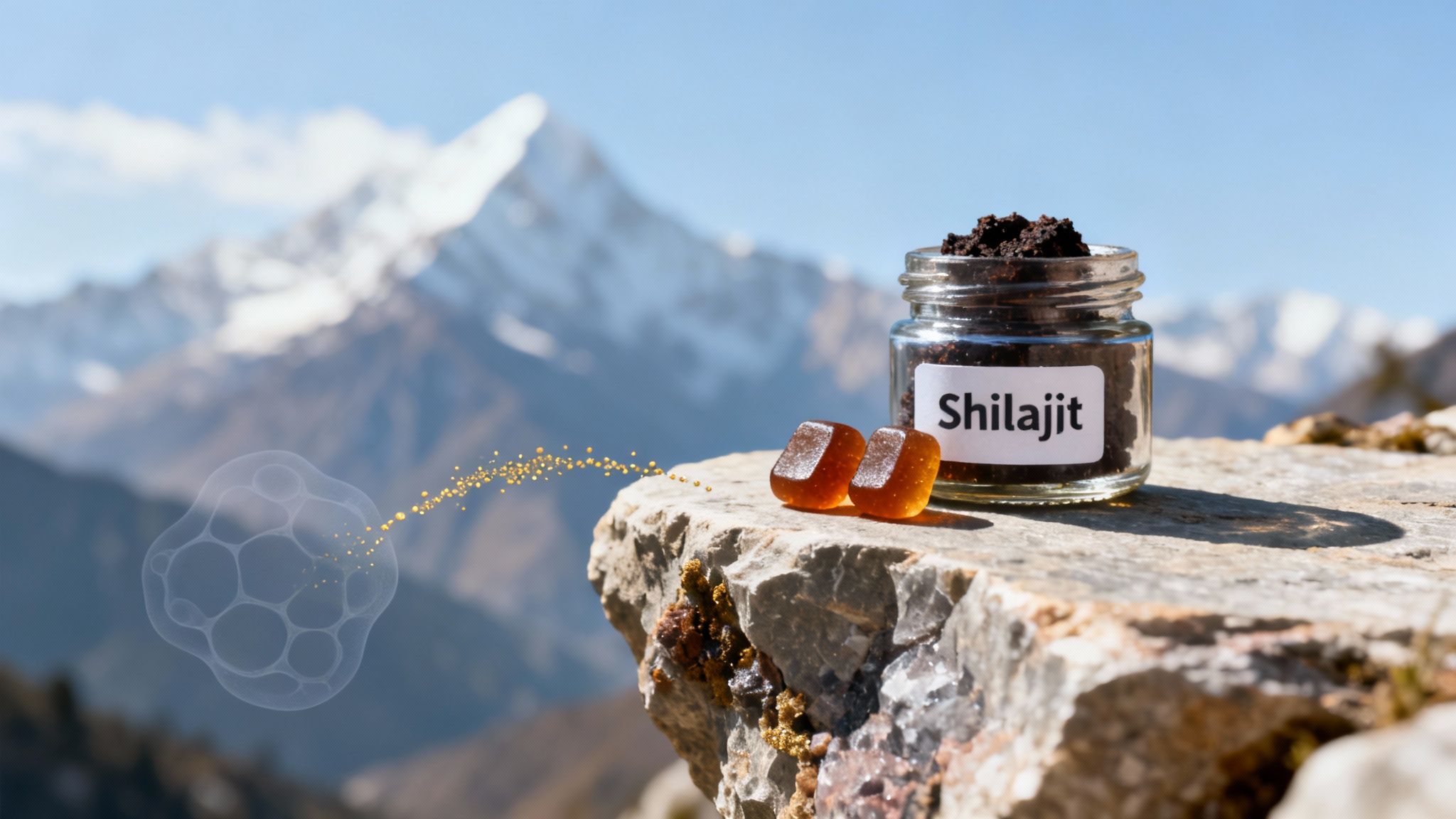Shilajit jar and amber gummies on a mountain rock, representing natural energy.