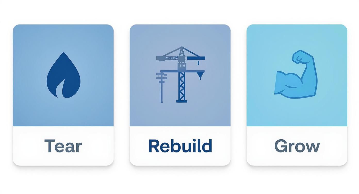 Three icons illustrating muscle recovery stages: tear, rebuild, and grow.