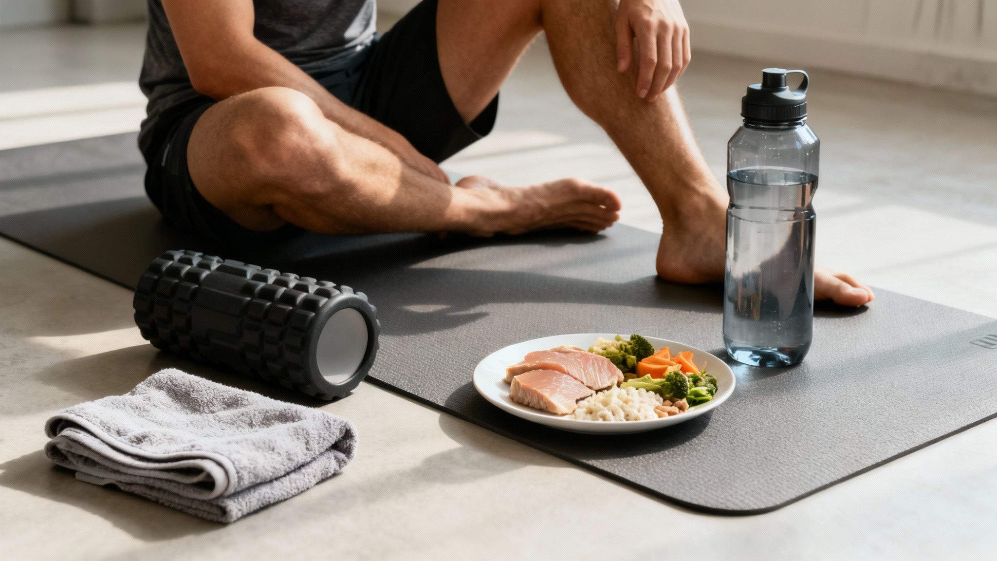 A person on a yoga mat with a healthy meal, water bottle, foam roller, and towel.