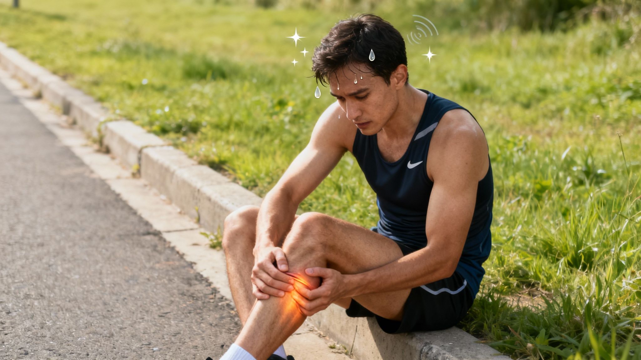A runner stretching on a track, looking tired but determined.