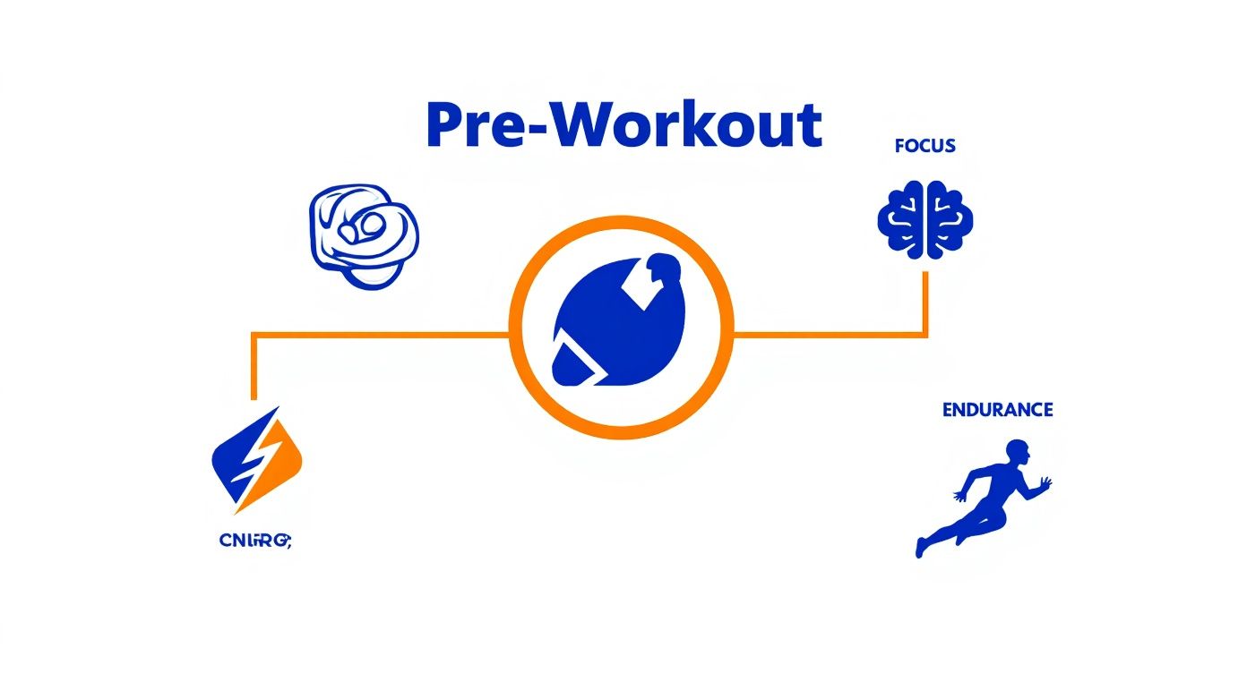 Infographic showing Pre-Workout benefits: energy, focus, and endurance with corresponding icons.