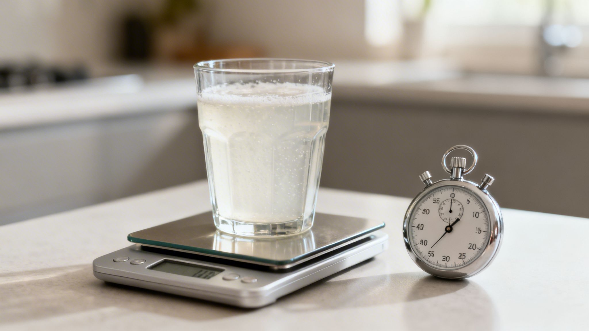 A clear glass with a bubbling recovery drink sits on a digital kitchen scale next to a stopwatch.