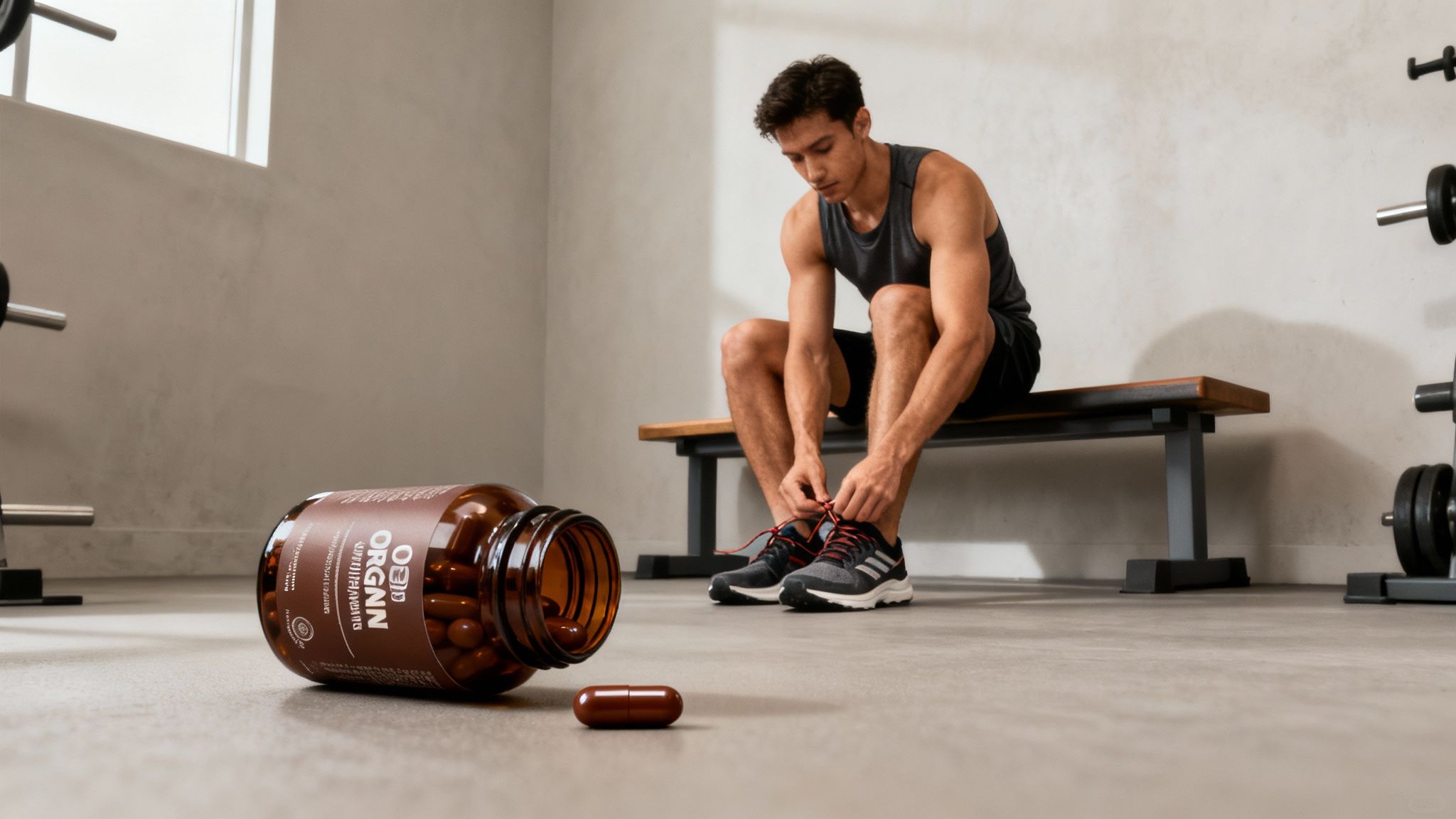 An athlete drinking a post-workout shake in a gym setting.
