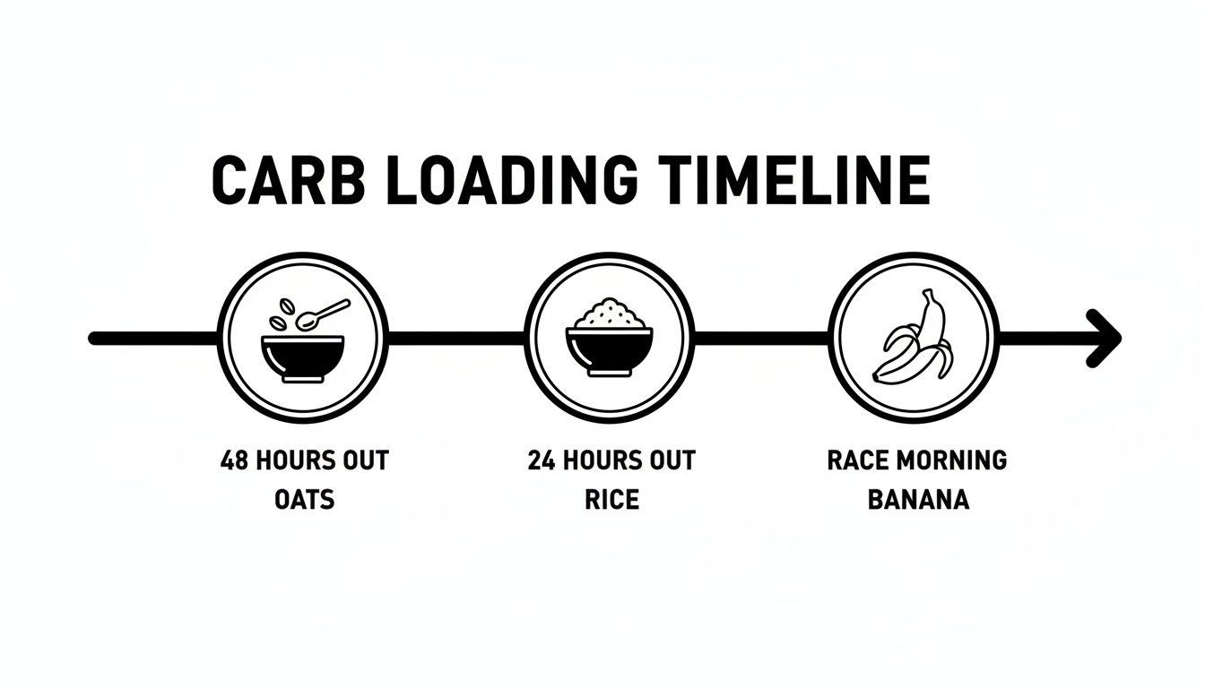 A carb loading timeline showing oats 48 hours out, rice 24 hours out, and banana on race morning.