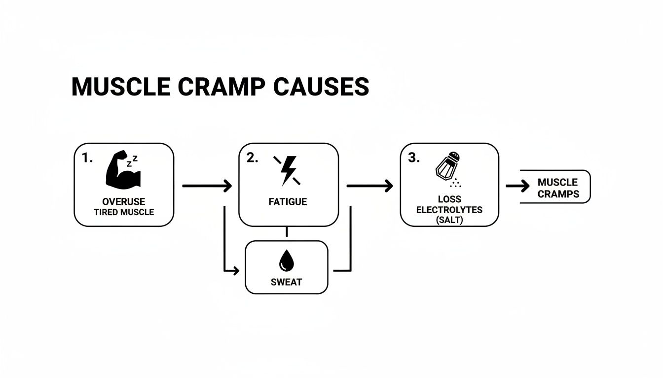 Flowchart explaining muscle cramp causes: overuse, fatigue, sweat, and electrolyte loss.