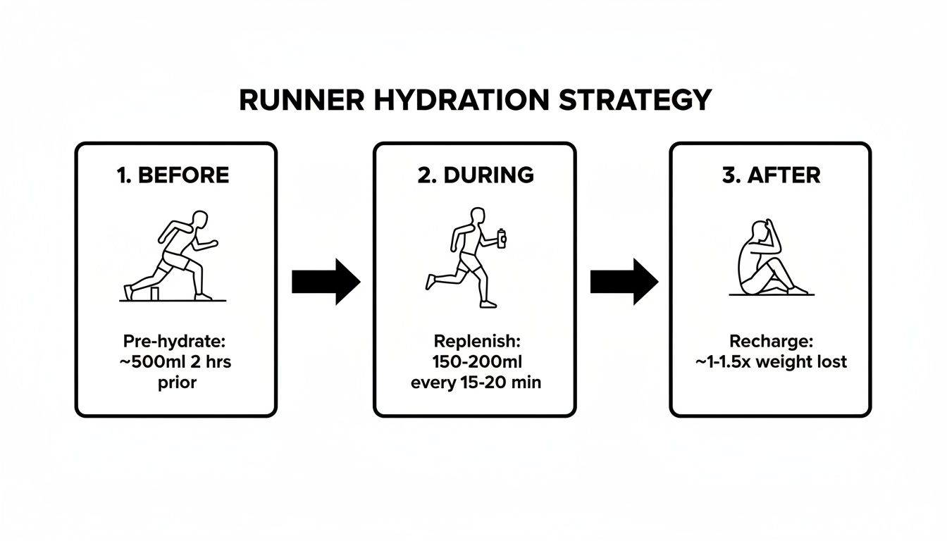 Runner hydration strategy infographic with recommendations for before, during, and after a run.