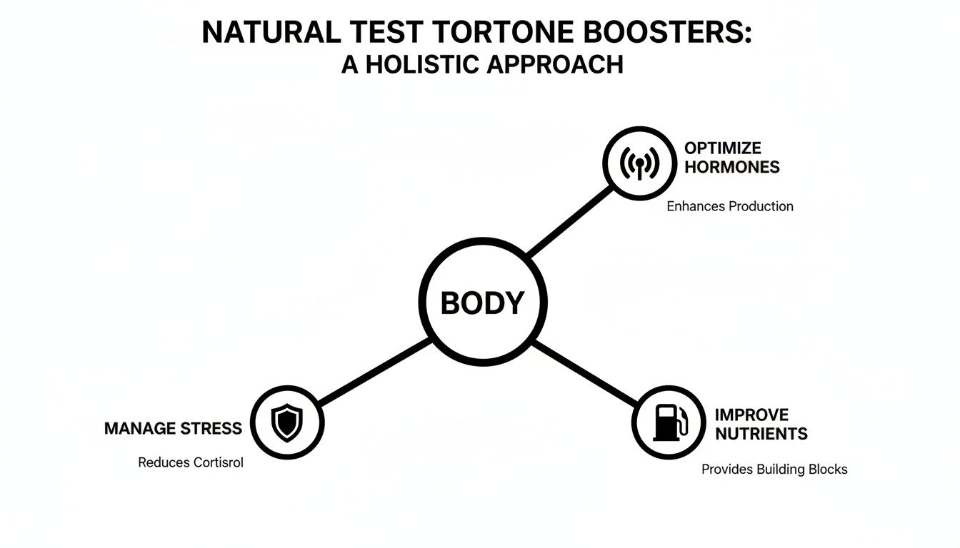 Diagram illustrating a holistic approach to natural testosterone boosting through hormone optimization, stress management, and improved nutrients.