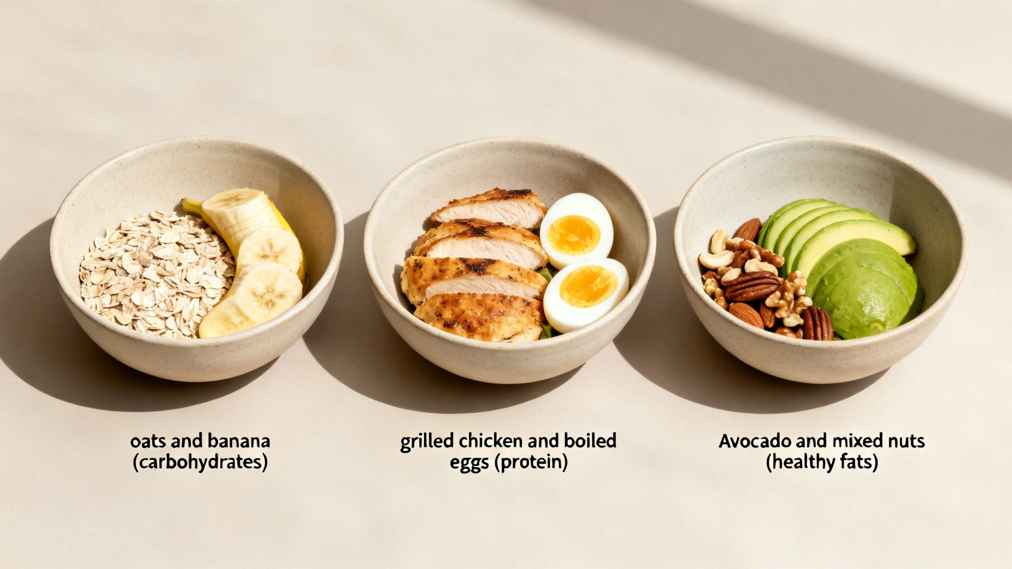 Three bowls displaying healthy macronutrients: oats and banana for carbohydrates, chicken and eggs for protein, and avocado with nuts for healthy fats.