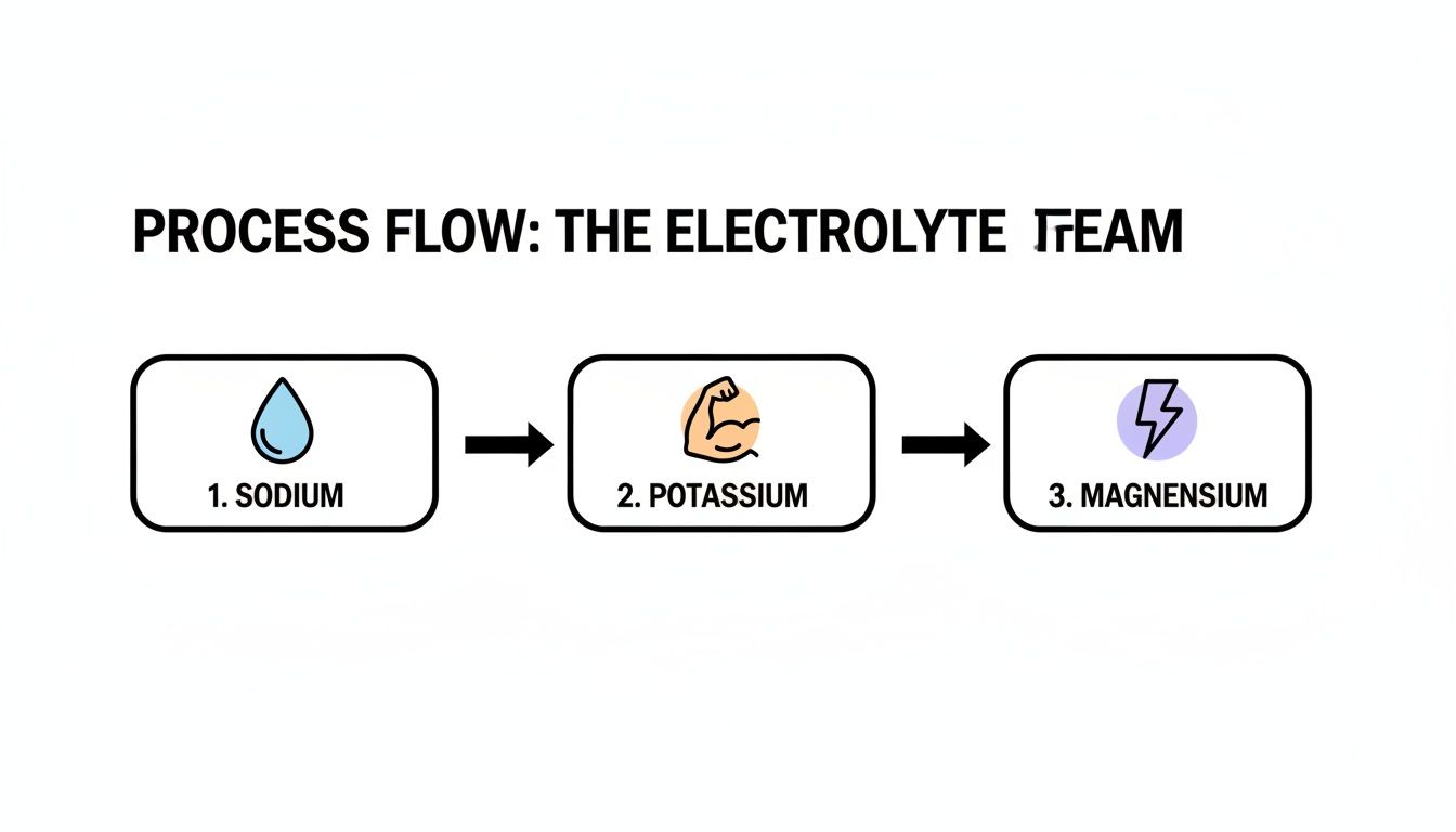 A process flow diagram titled 'The Electrolyte Team', showing Sodium, Potassium, and Magnensium with icons.