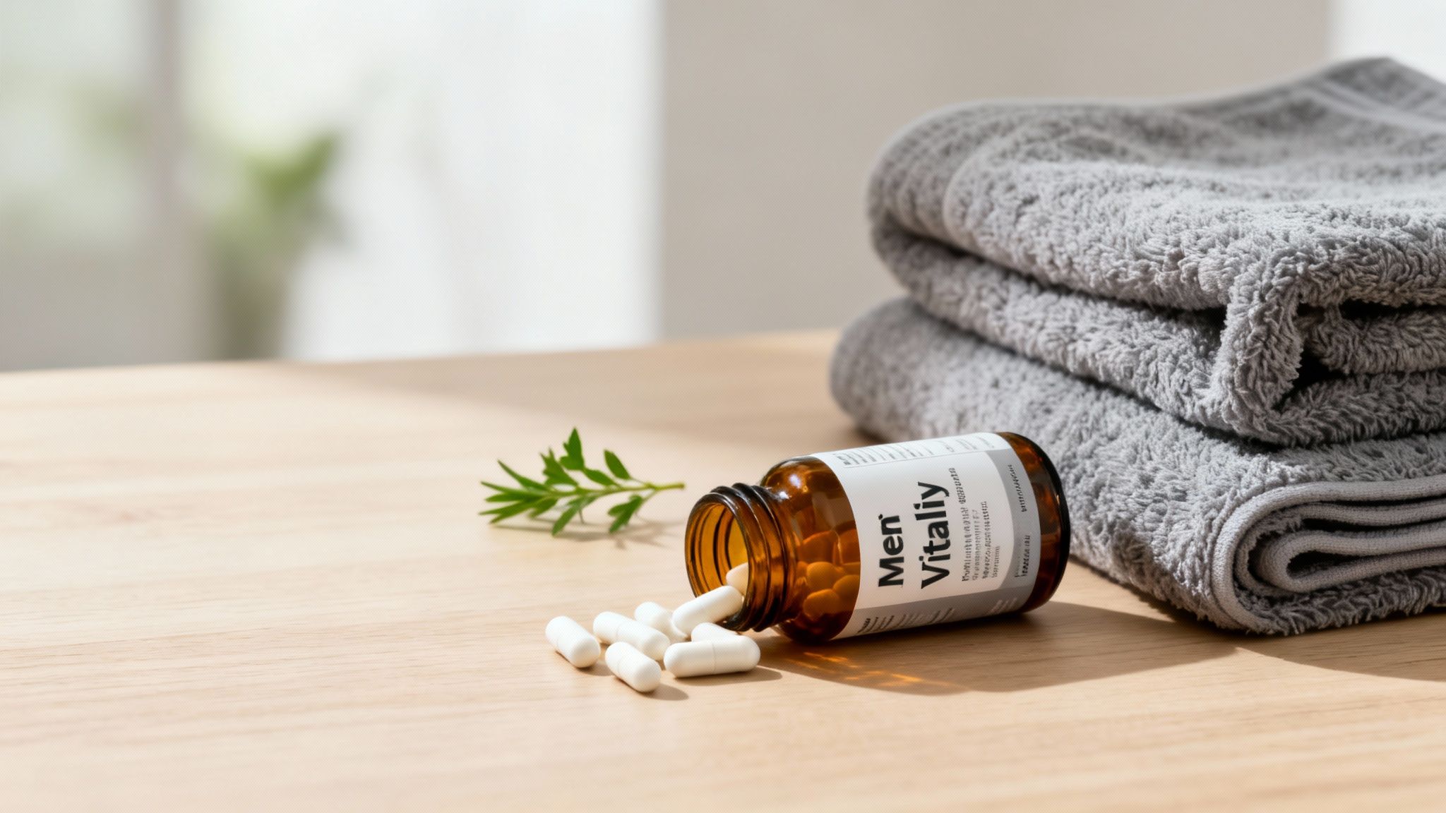 A bottle of 'Men Vitaliy' pills spilling onto a wooden table next to a sprig and grey towels.