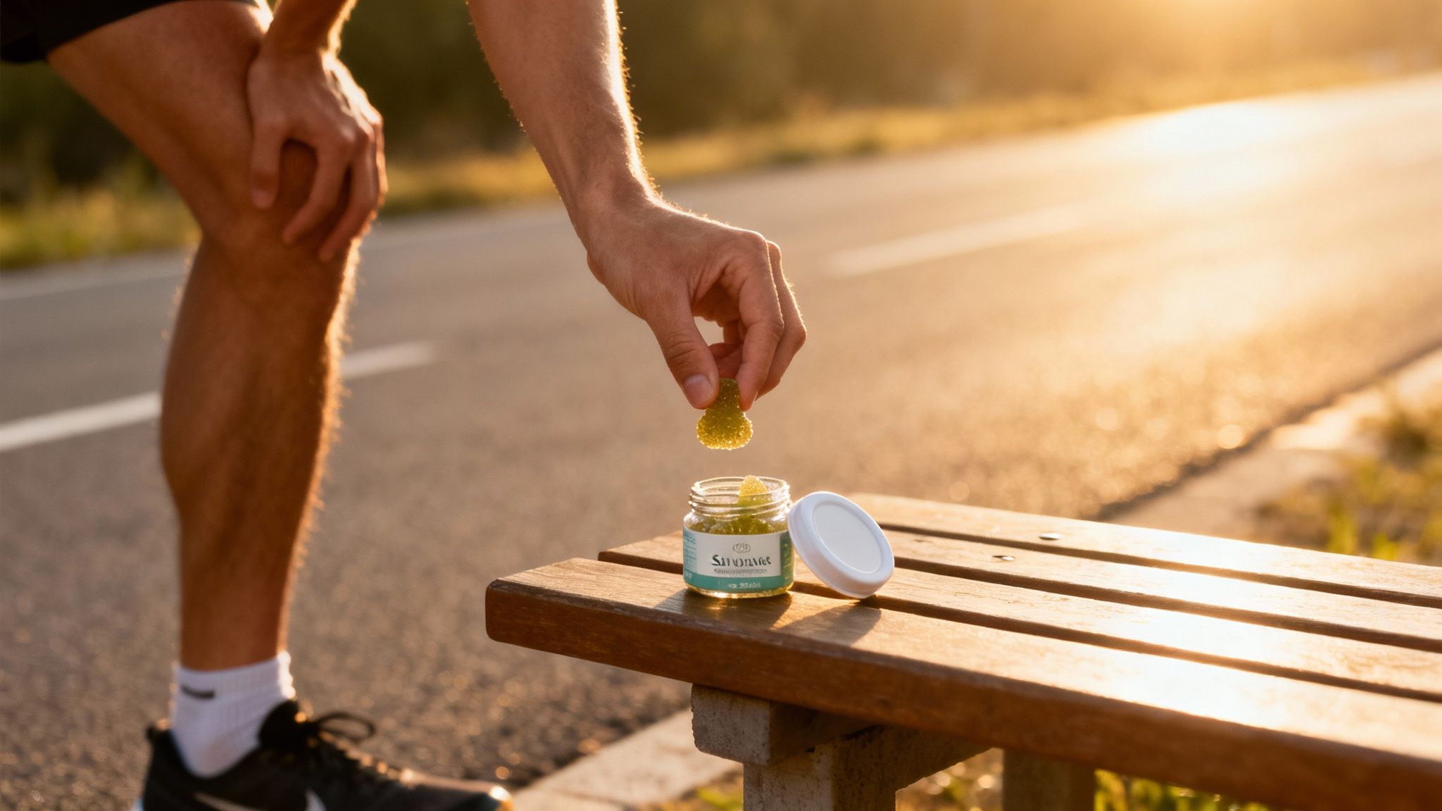 A runner taking a green sea moss gummy from a jar on a bench during a sunny outdoor break.