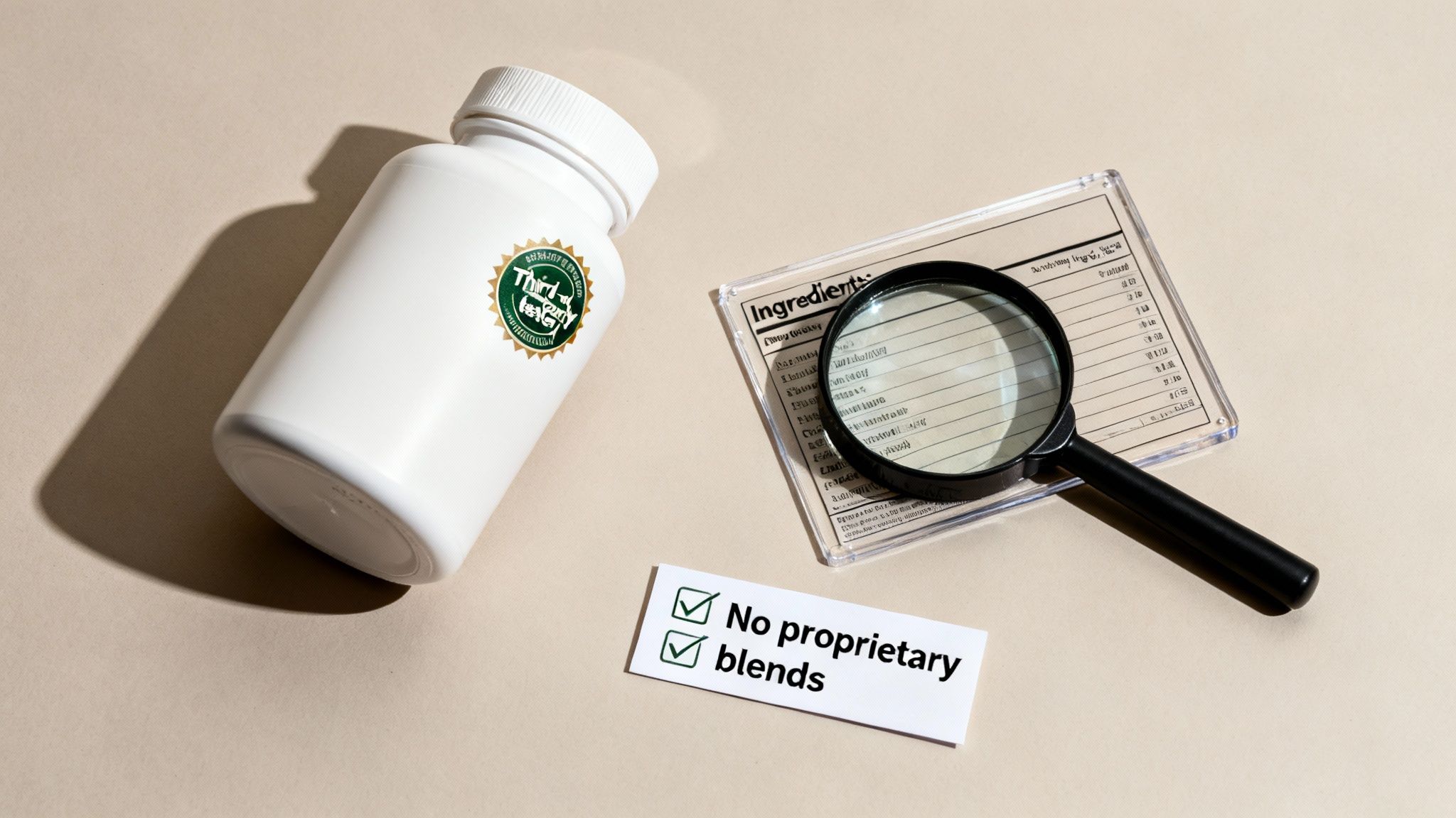 A supplement bottle, ingredient list under a magnifying glass, and a 'no proprietary blends' card emphasize transparency.