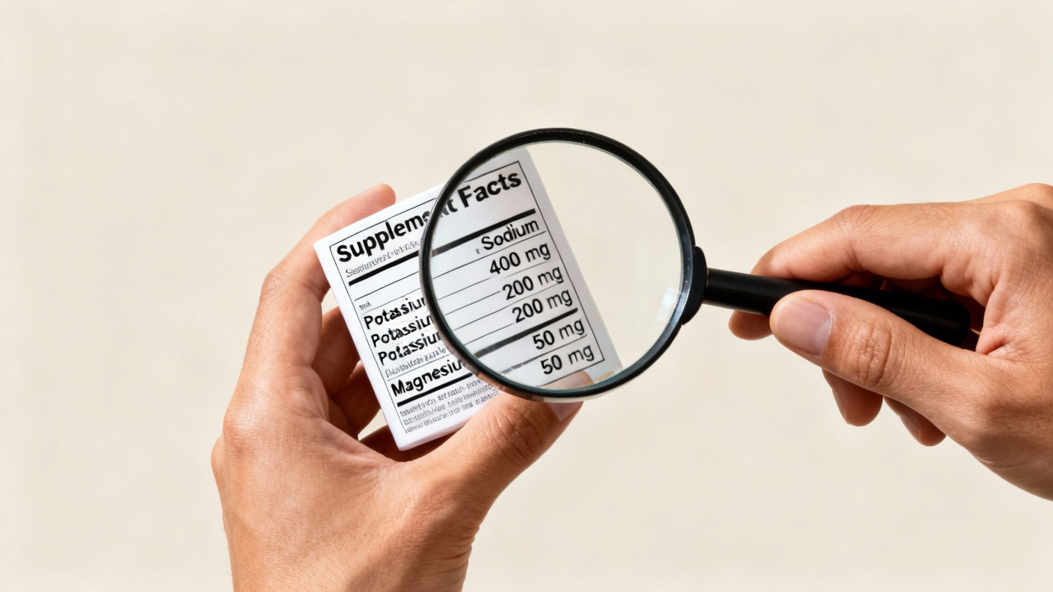 A person uses a magnifying glass to read the Supplement Facts label, showing sodium and potassium.