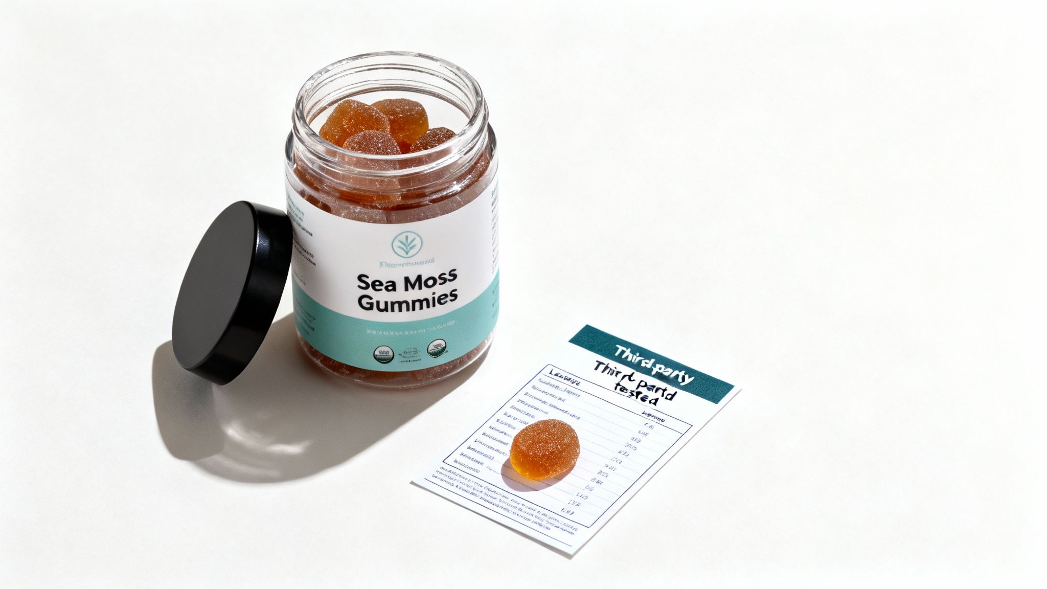 A glass jar of sea moss gummies, a black lid, a single gummy, and a 'Third party tested' card.