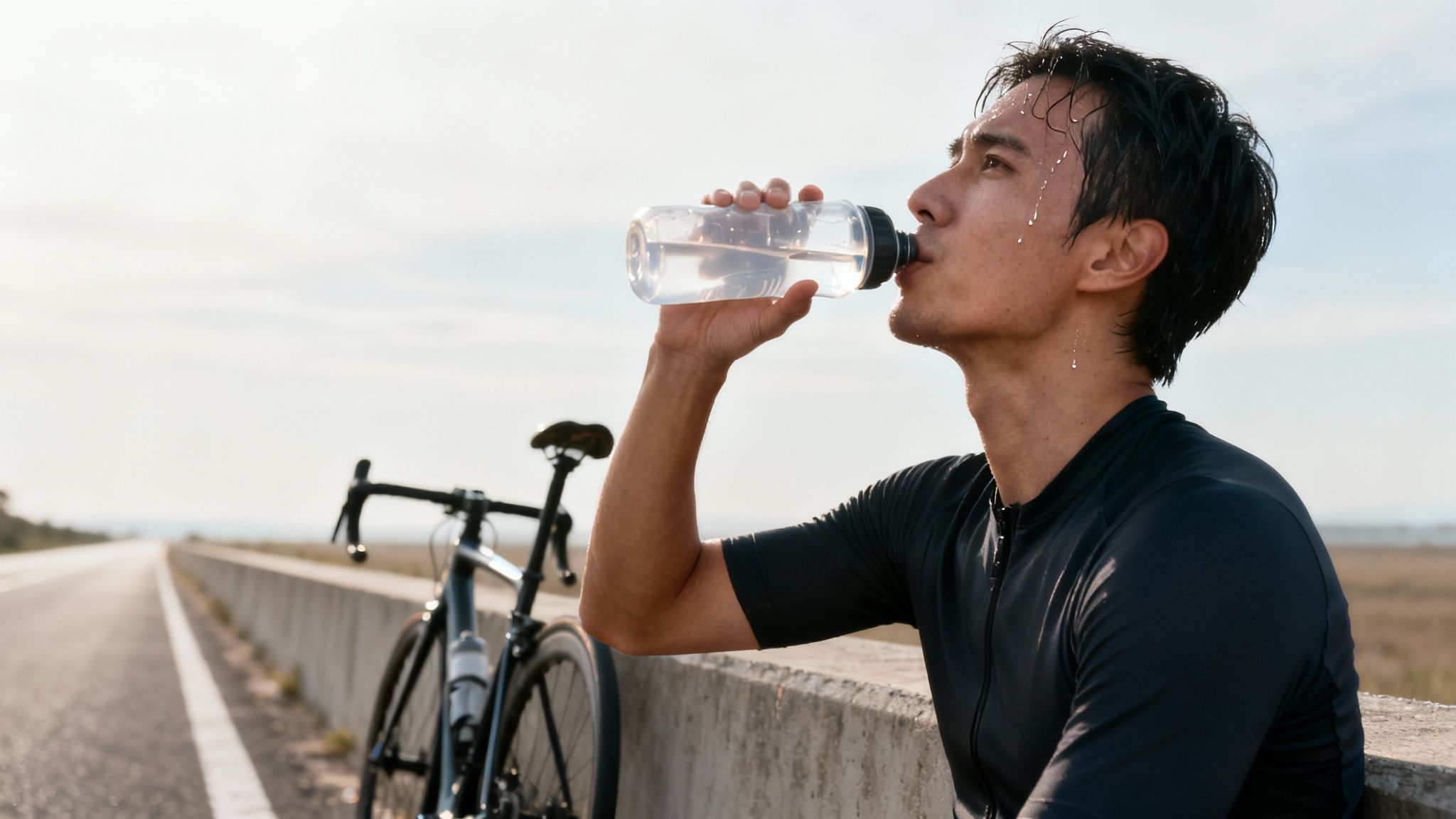 Sweaty male cyclist drinking water from a bottle after a ride on a rural road.