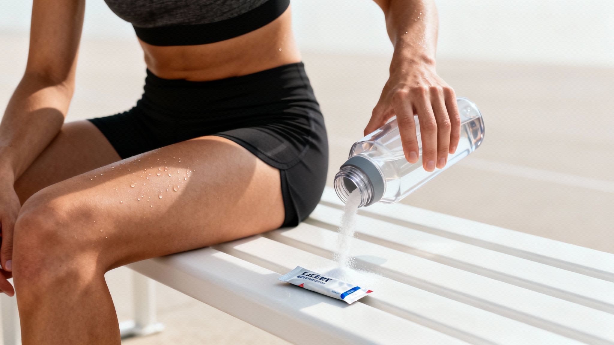 A sweaty person in athletic shorts sits on a bench, pouring supplement powder onto a packet.