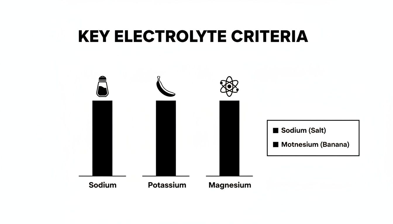A bar chart titled 'KEY ELECTROLYTE CRITERIA' illustrating Sodium, Potassium, and Magnesium with symbolic icons.