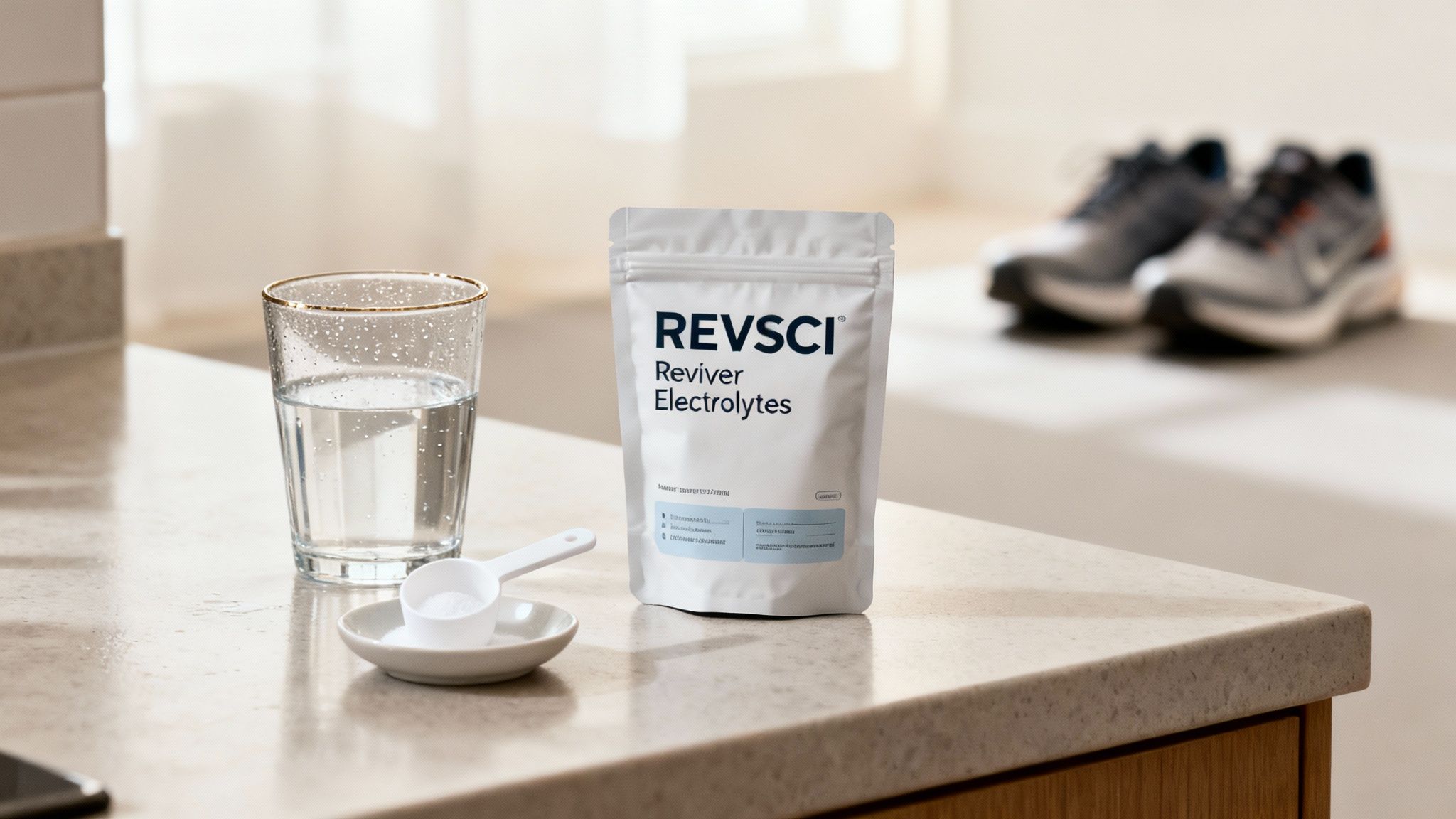 Electrolyte powder mix, water, and a scoop ready for hydration, with running shoes nearby.