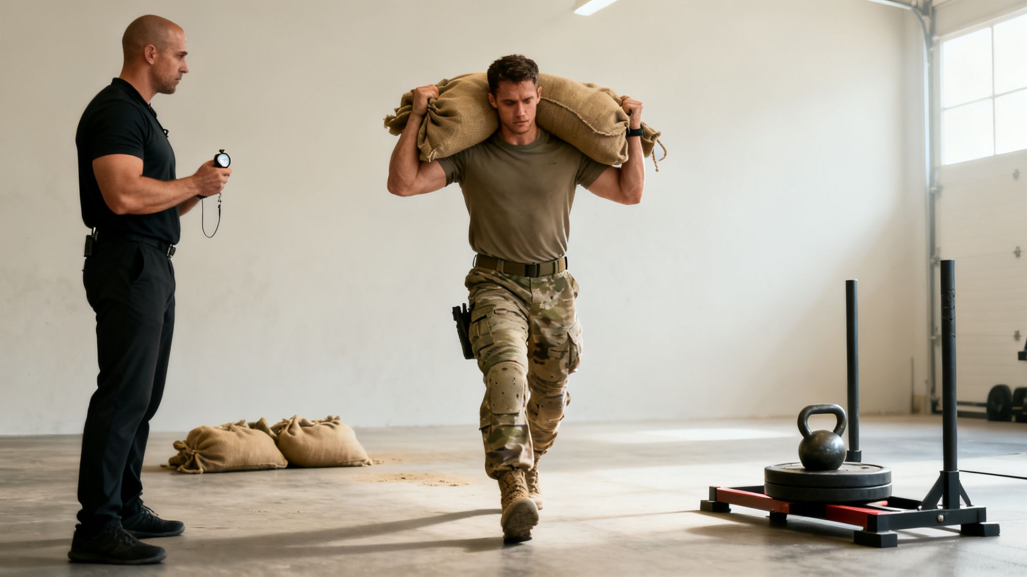 Two men training in a gym, one carrying sandbags while another times him with a stopwatch.