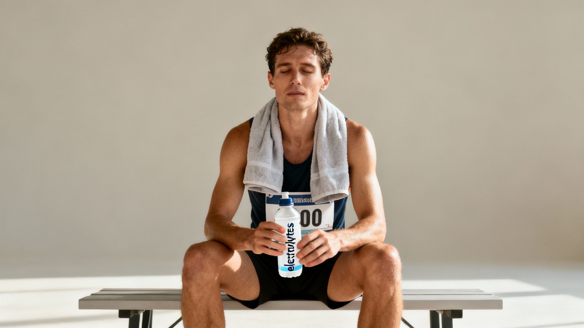 Tired male runner with closed eyes, holding an electrolyte drink after a marathon.