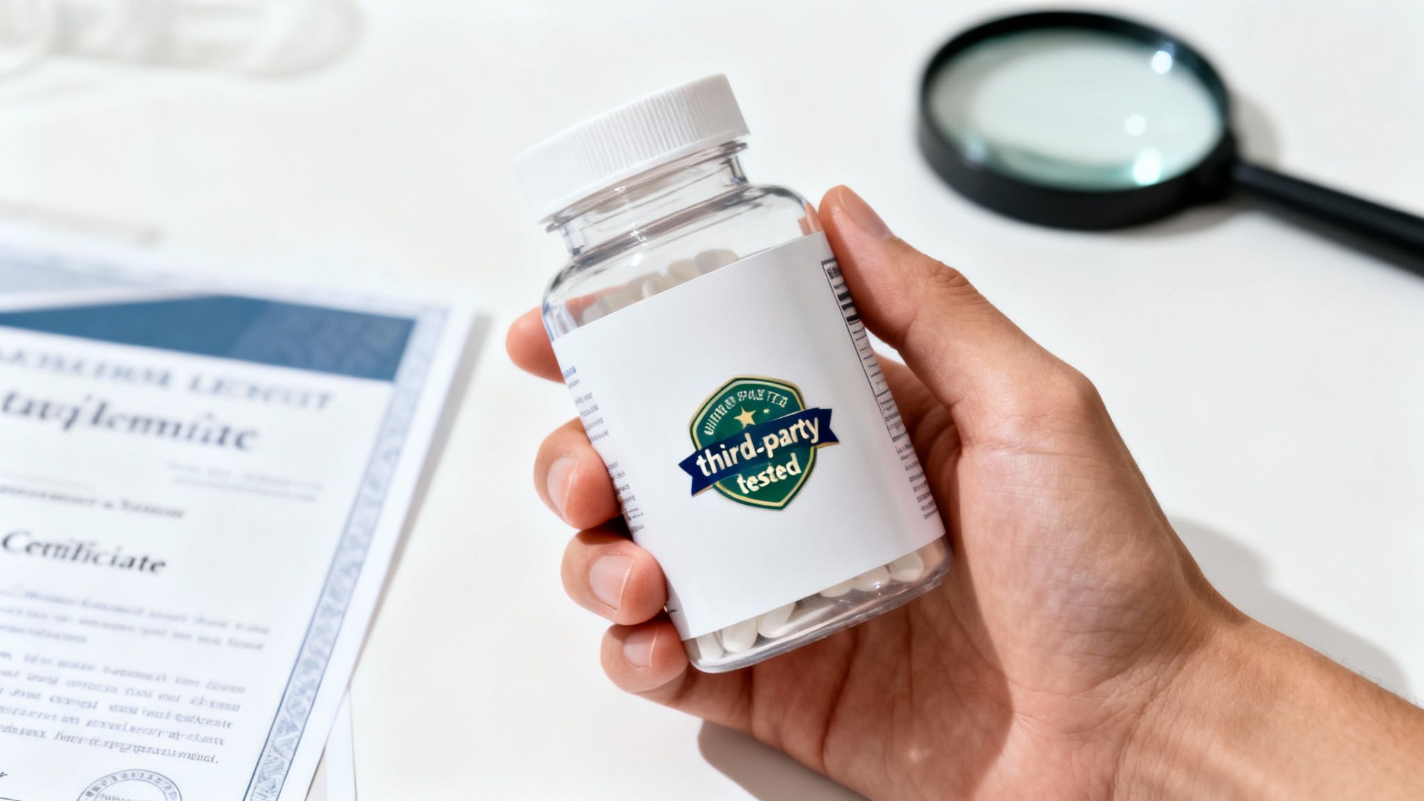 A hand holds a clear supplement bottle with a 'third-party tested' label, next to a certificate and magnifying glass.