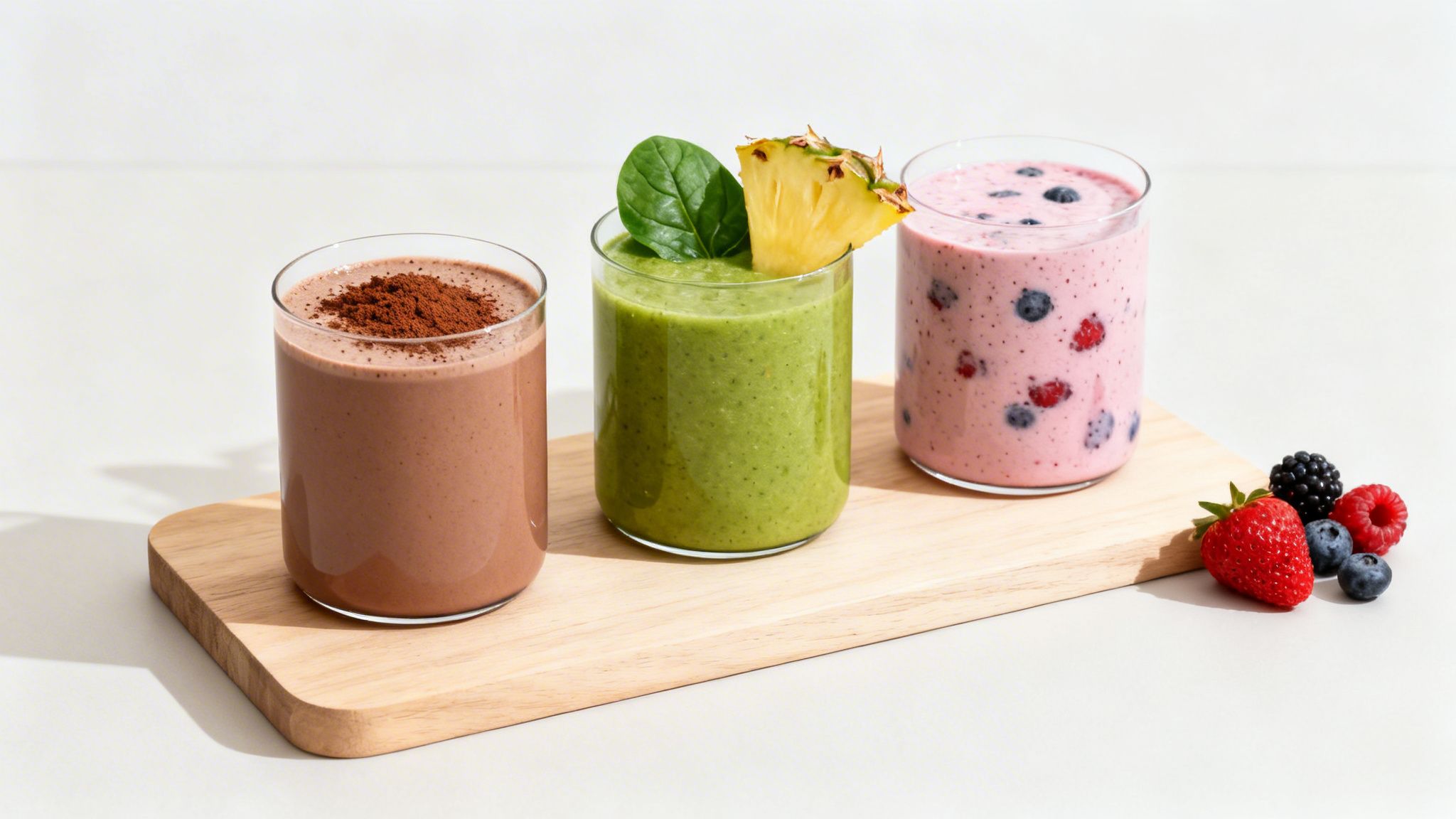 Three refreshing chocolate, green, and berry smoothies with fresh fruit on a wooden board.
