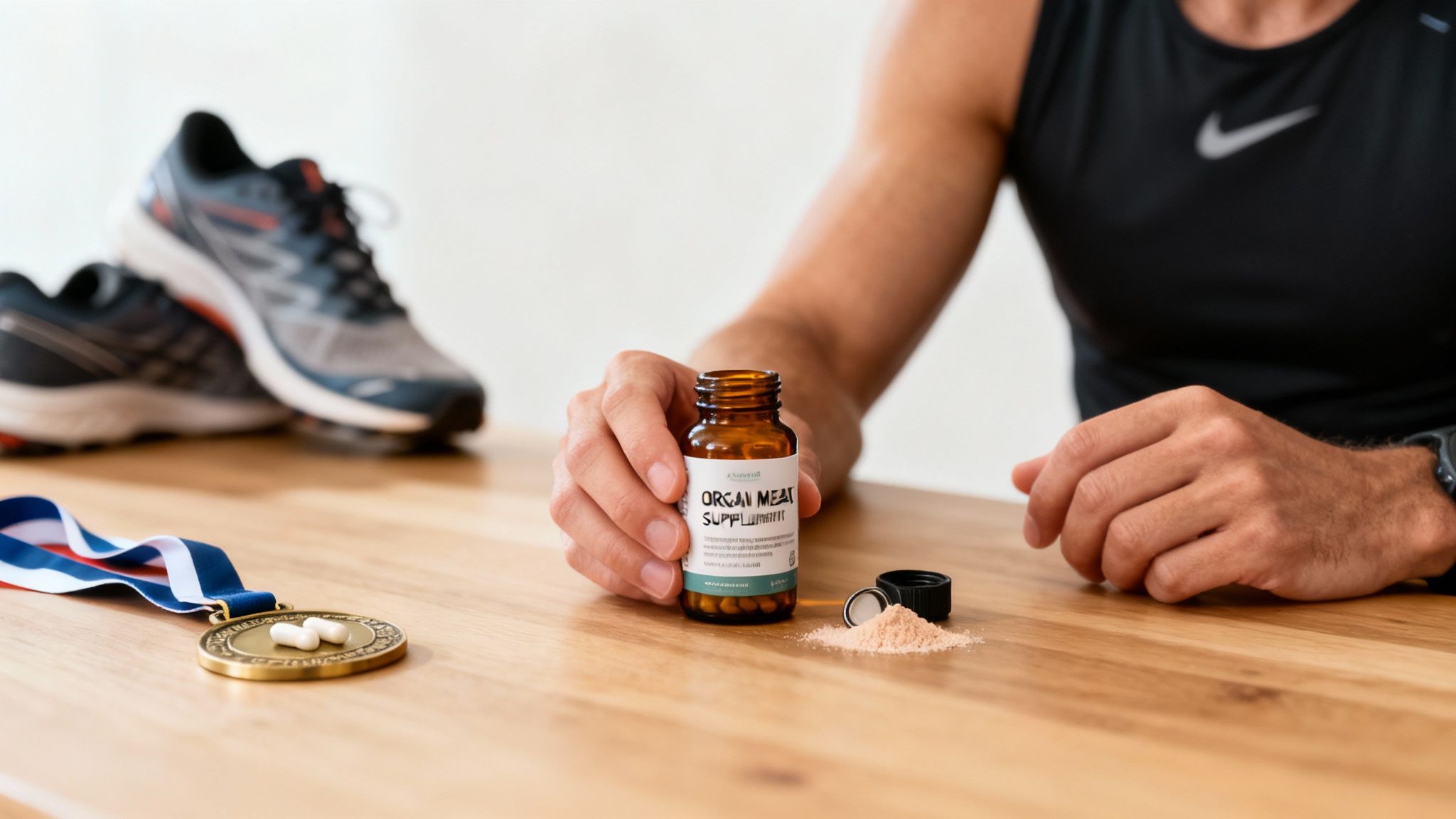 A spoon holding a dark powder, representing the concentrated form of organ meat supplements.