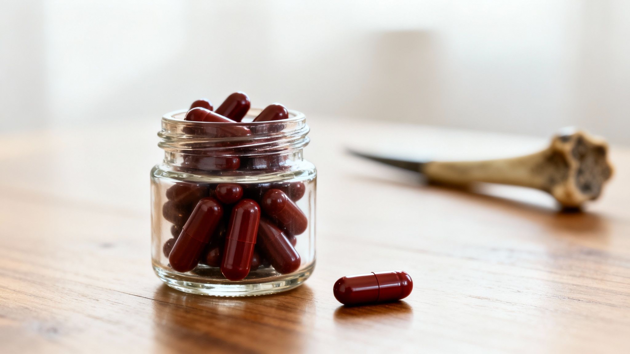 A small glass jar filled with dark red capsules on a wooden table, with one capsule outside.