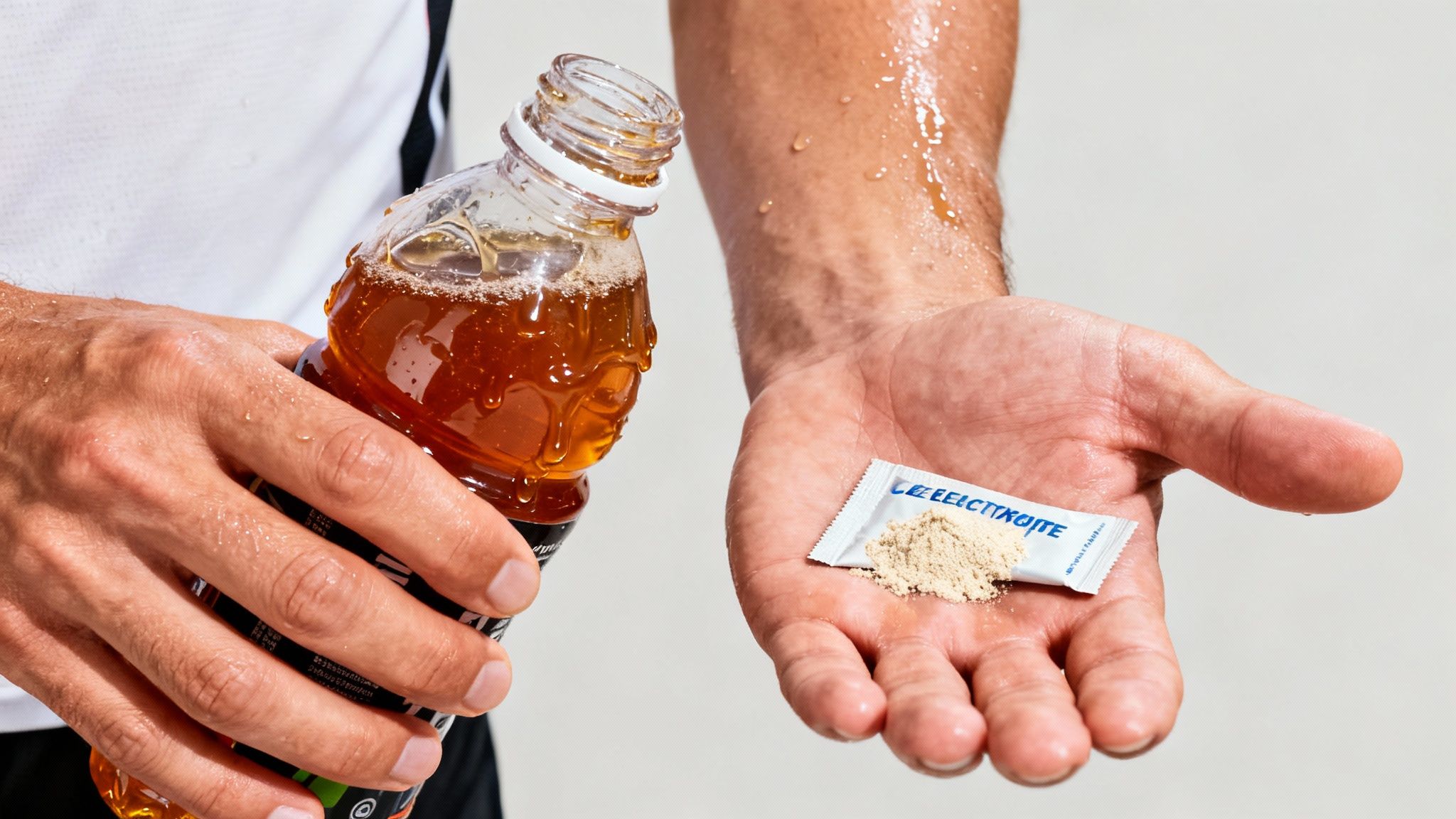 A person's wet hands holding a sports drink bottle and an electrolyte powder sachet.