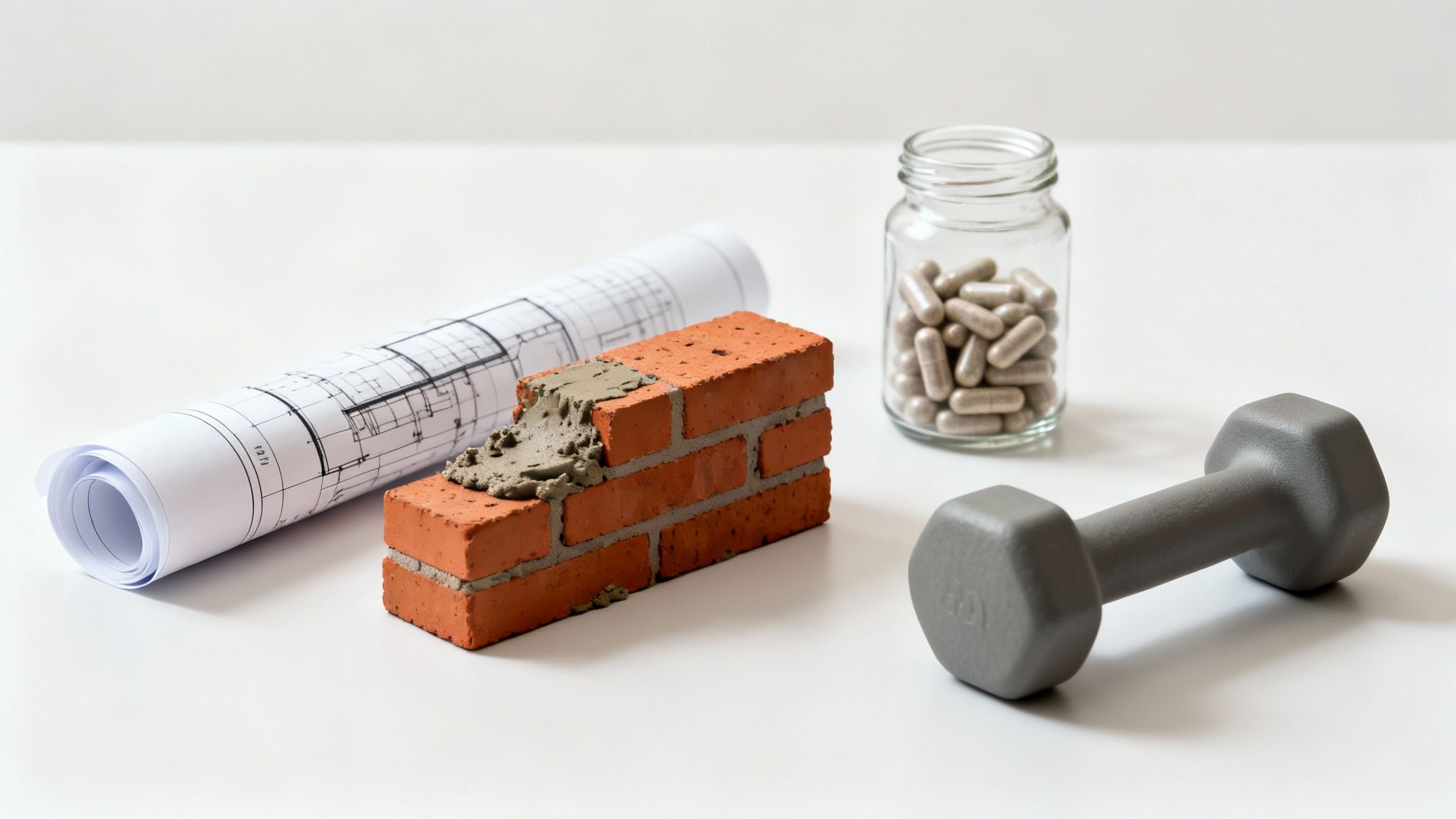 Blueprint, brickwork, a jar of capsules, and a gray dumbbell symbolize building and health.