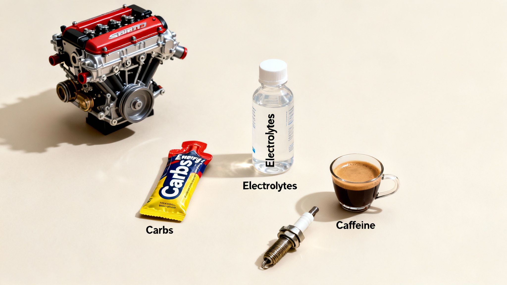 A miniature car engine, spark plug, energy gel, electrolyte drink, and coffee representing endurance athlete fuel.
