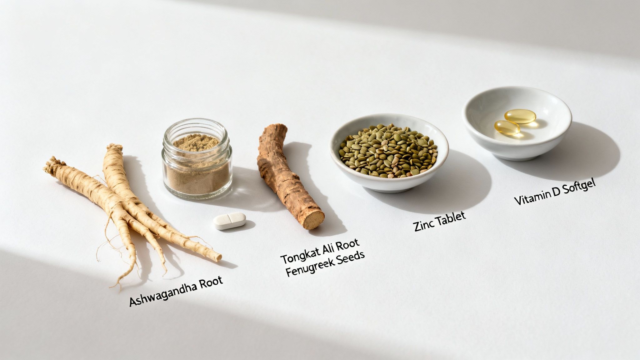 Various natural supplements and roots including Ashwagandha, Tongkat Ali, Fenugreek, Zinc, and Vitamin D.
