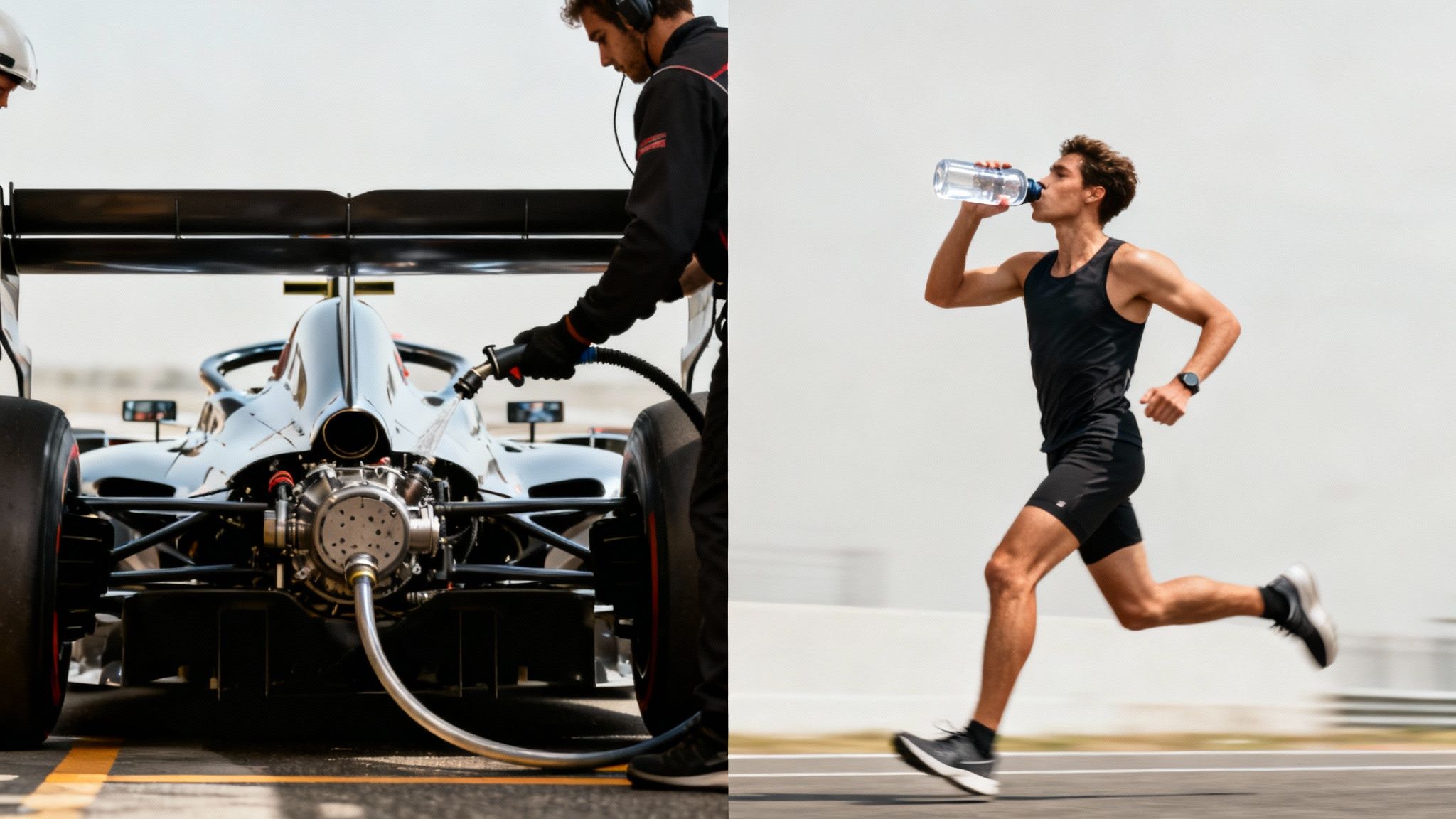 A race car serviced by a mechanic and a runner hydrating, illustrating peak performance.