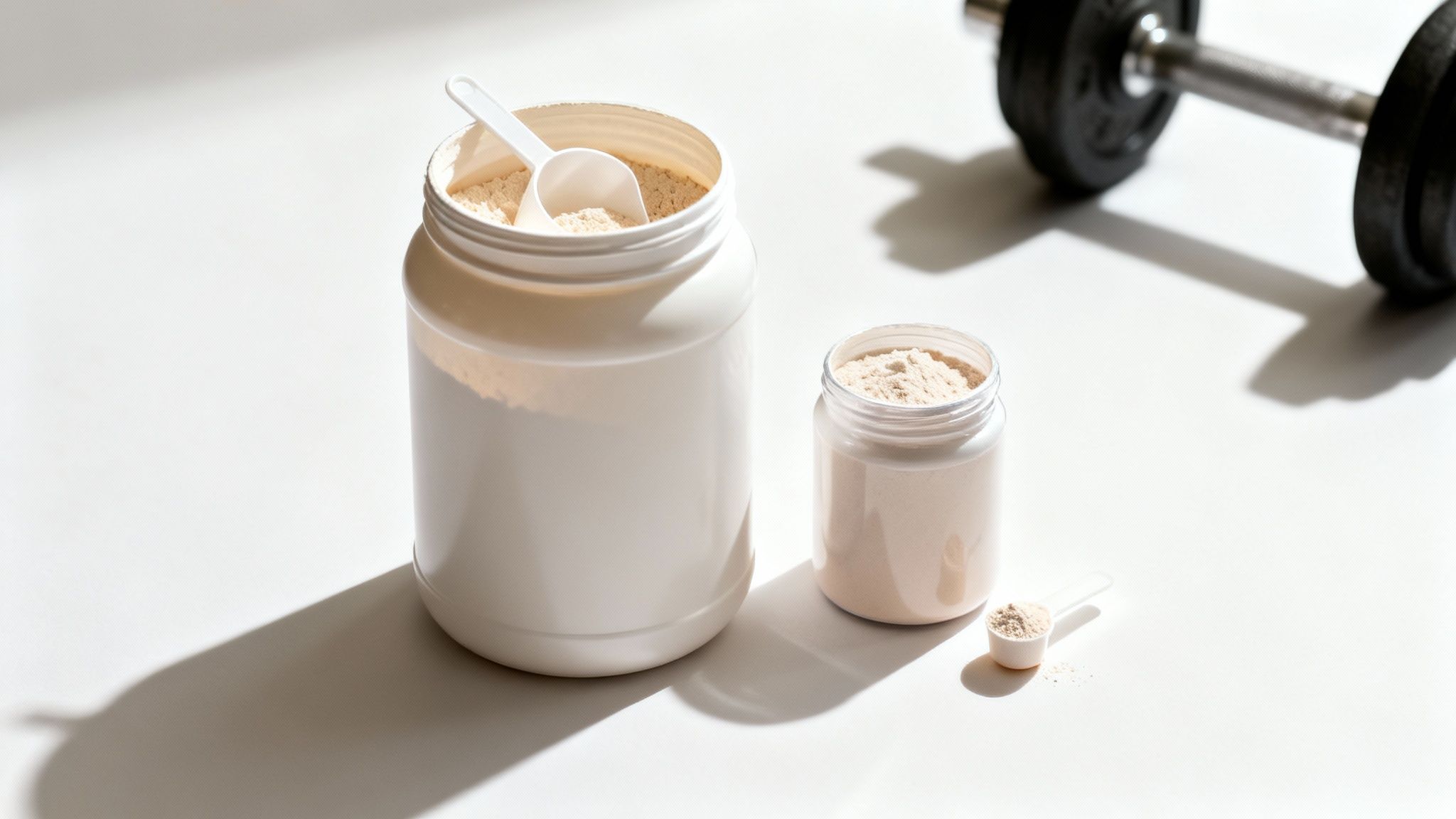 Two tubs of protein powder with scoops and a dumbbell on a white surface, representing fitness supplements.