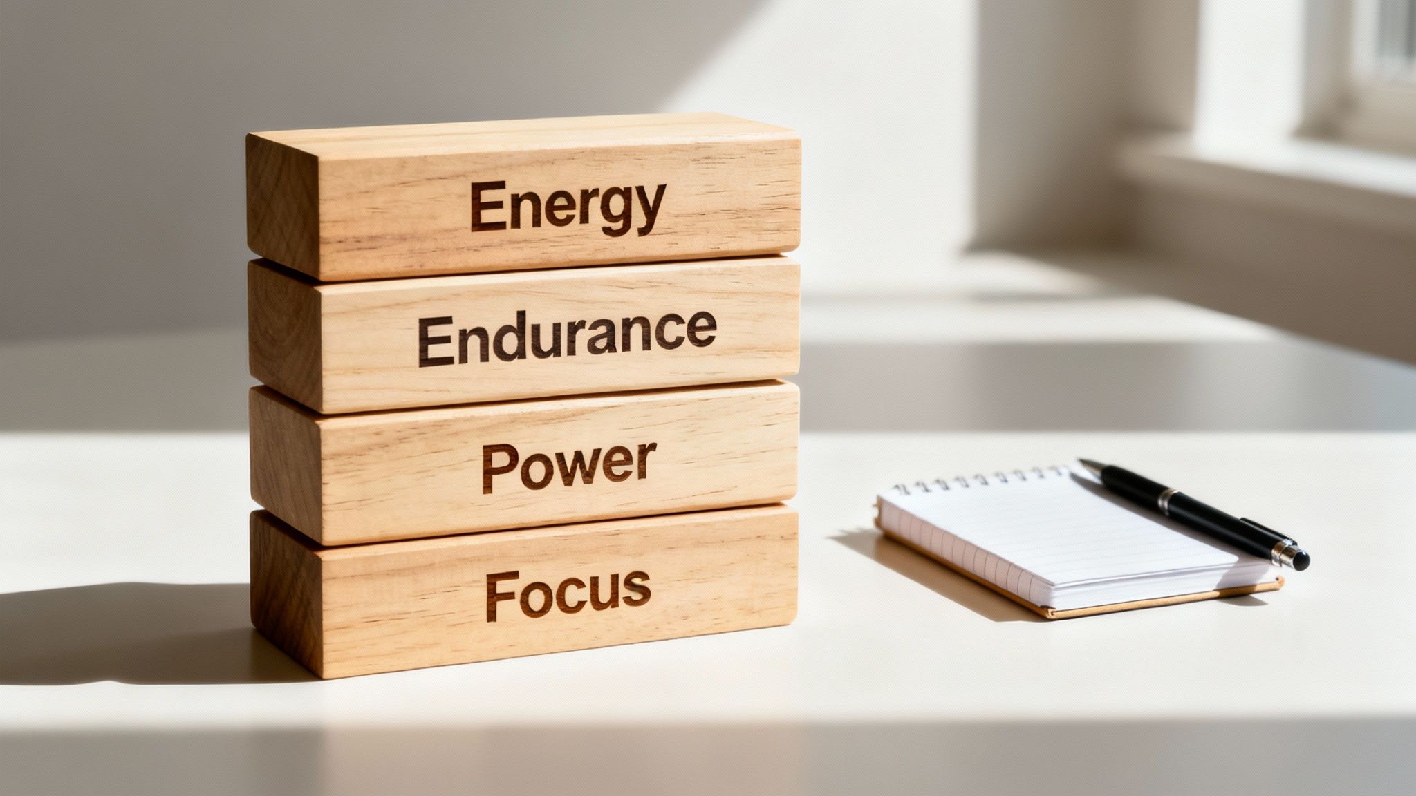 A stack of four wooden blocks displaying 'Energy', 'Endurance', 'Power', 'Focus' next to a notepad and pen.