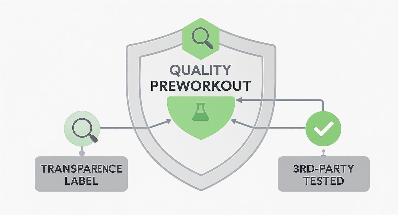 An infographic shield illustrating how transparency labels and third-party testing contribute to quality preworkout supplements.