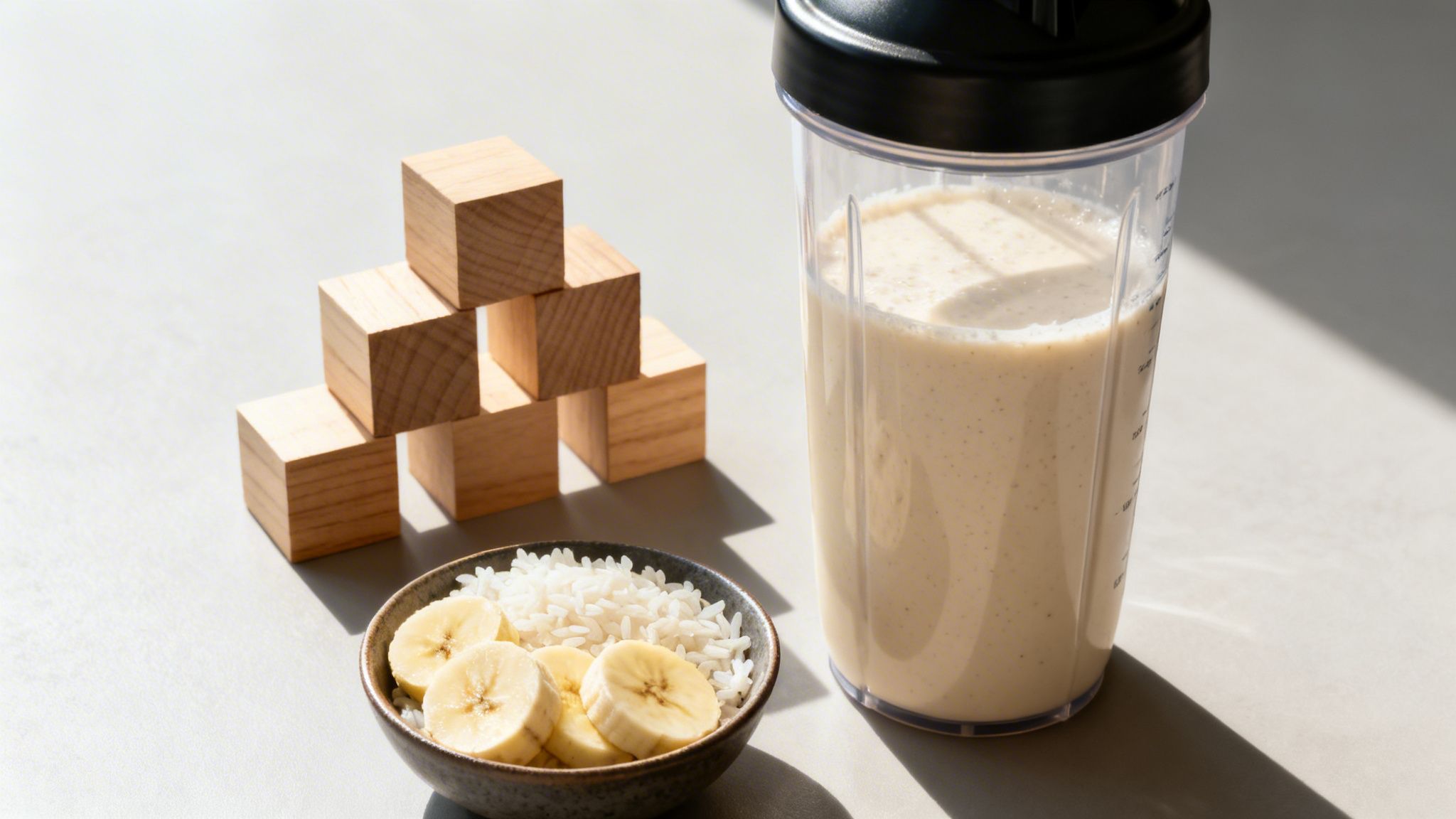 A clear shaker bottle with a creamy banana smoothie, a bowl of rice and banana slices, and wooden cubes.
