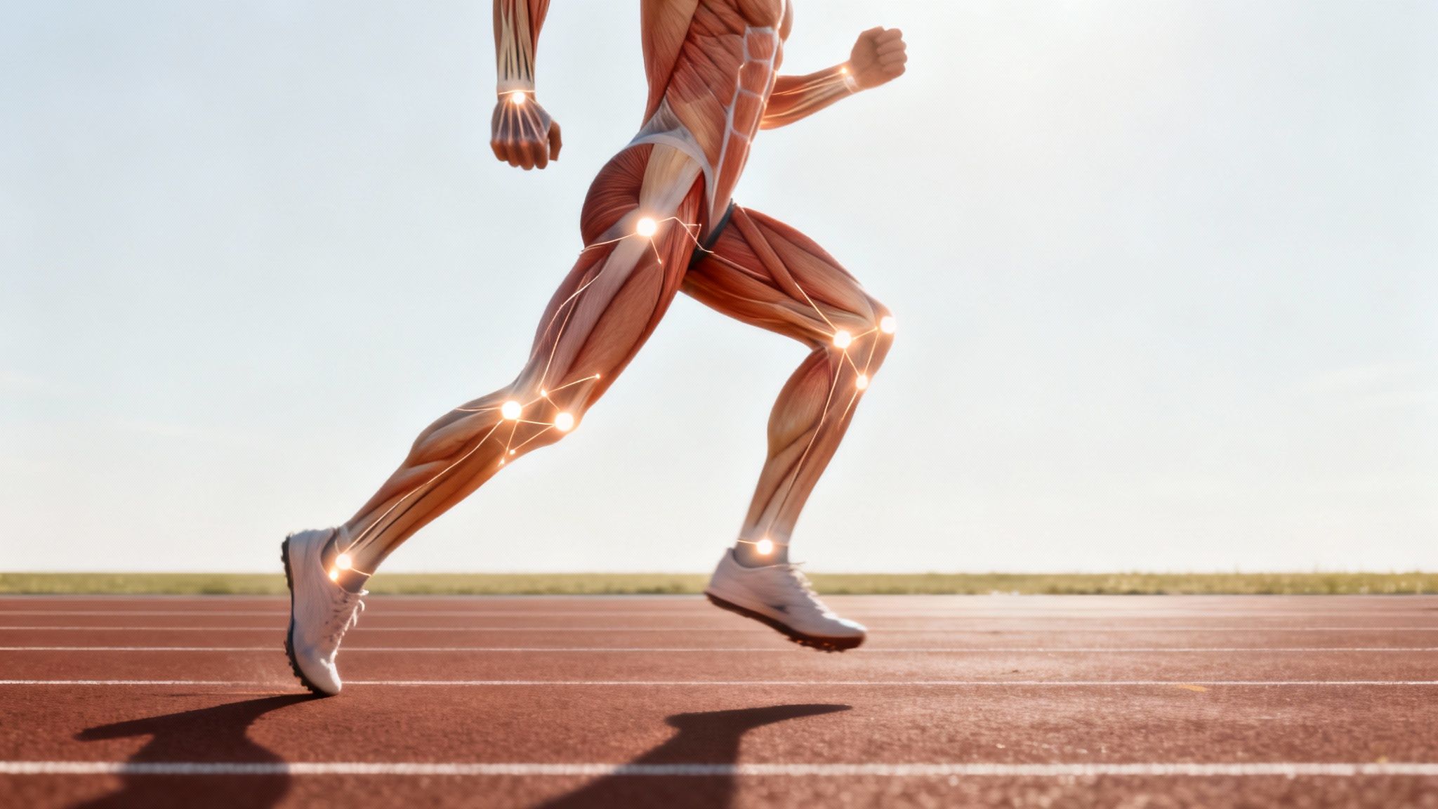 A digitally enhanced runner showing muscle and joint structure with glowing points on a track.