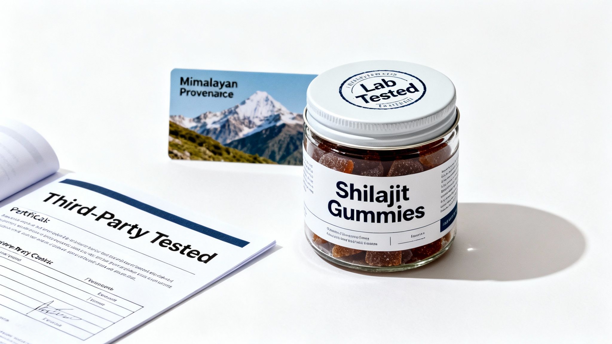 A jar of Shilajit Gummies, marked 'Lab Tested', next to a 'Third-Party Tested' document and a 'Himalayan Provenance' card.