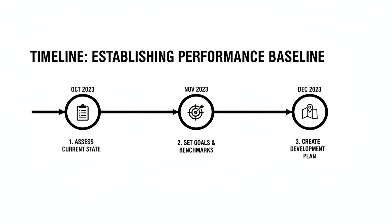 A three-month timeline detailing steps to establish a performance baseline, from October to December 2023.