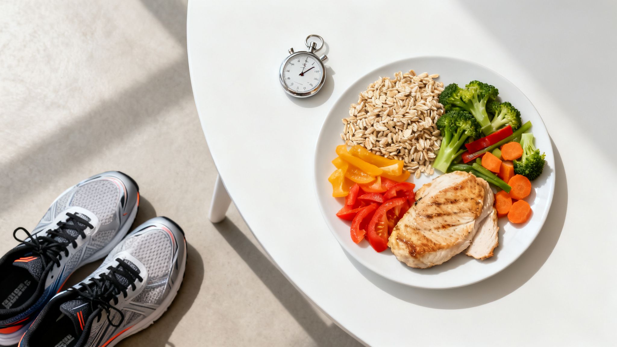 A balanced meal with grilled chicken, oatmeal, vegetables, running shoes, and a stopwatch.