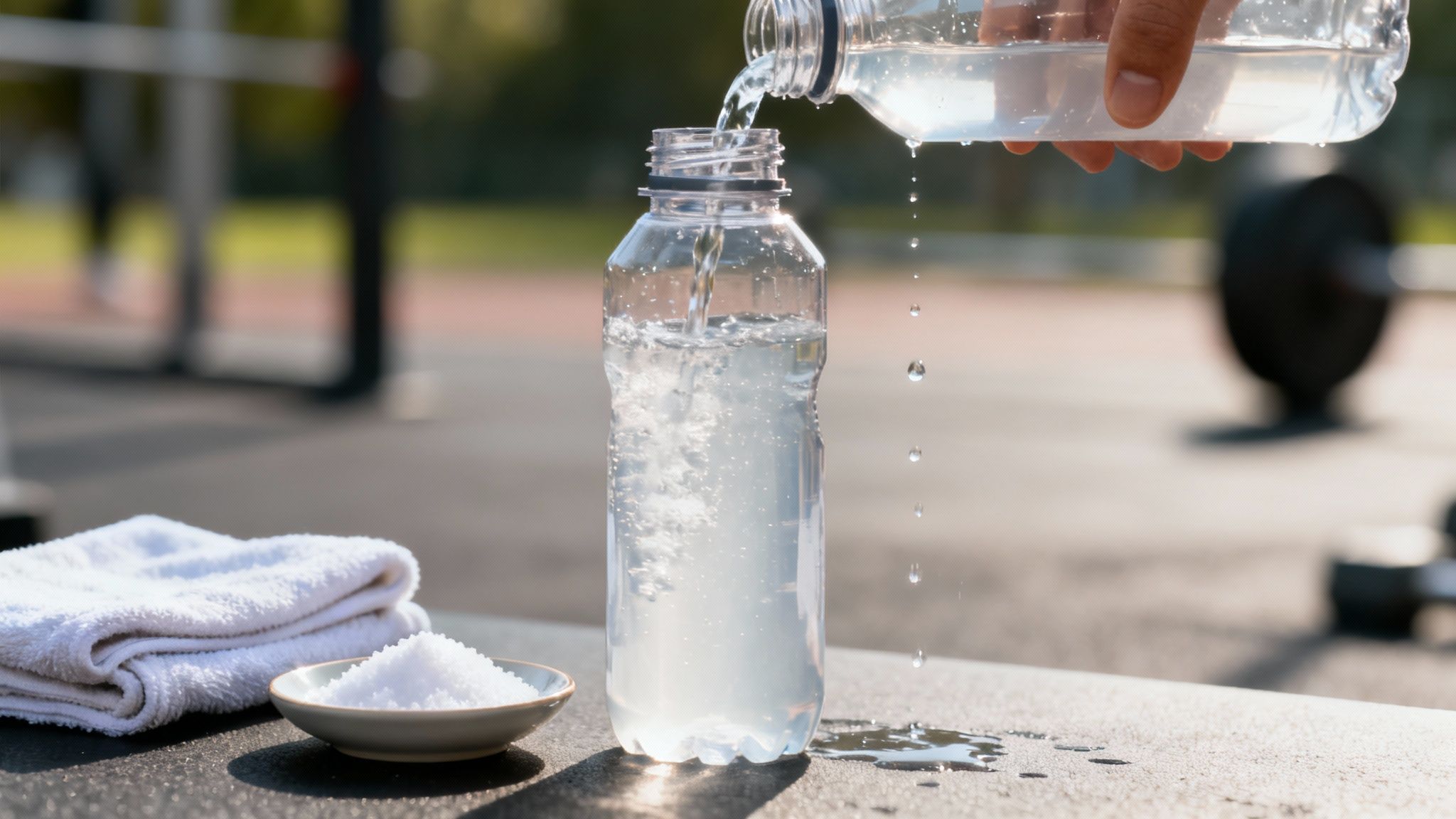 A hand pours water into a bottle, with a white towel and a bowl of salt on a table outdoors.