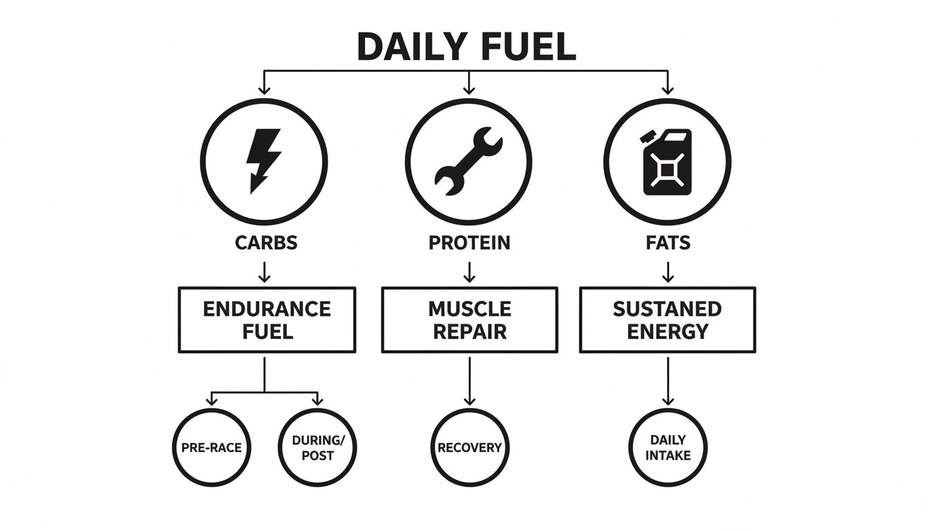 Infographic illustrating daily fuel categories: carbs for endurance, protein for muscle repair, and fats for sustained energy.