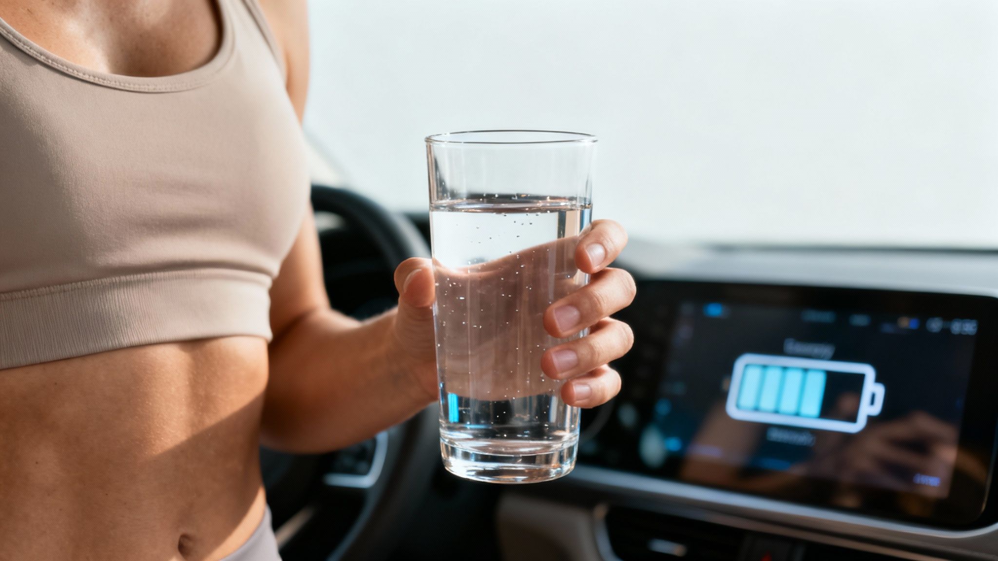 A fit person in a sports bra holds a glass of water, symbolizing hydration, inside a car with a battery display.