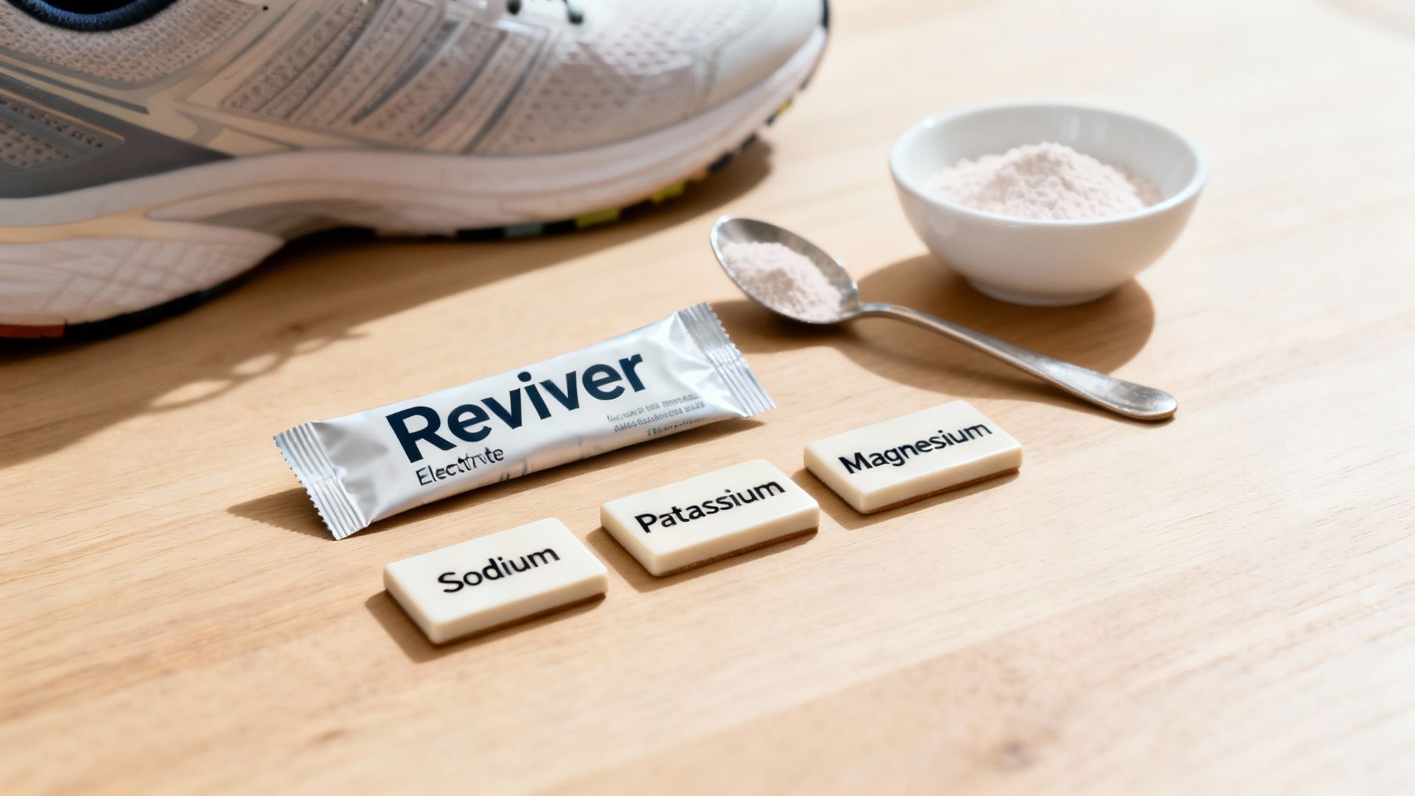 Electrolyte sachet, mineral tiles (sodium, potassium, magnesium), powder, spoon, and running shoe on wood.